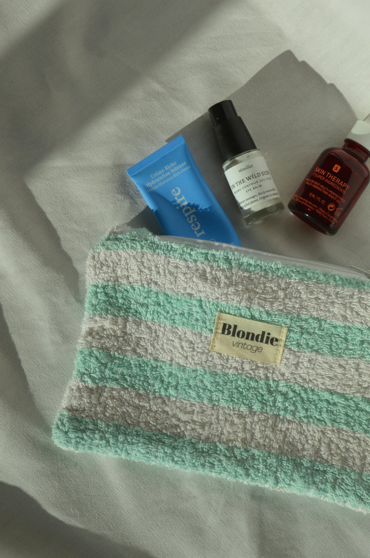 Pochette velours éponge rayé en tissu vintage upcyclé, faite main en France par Blondie vintage