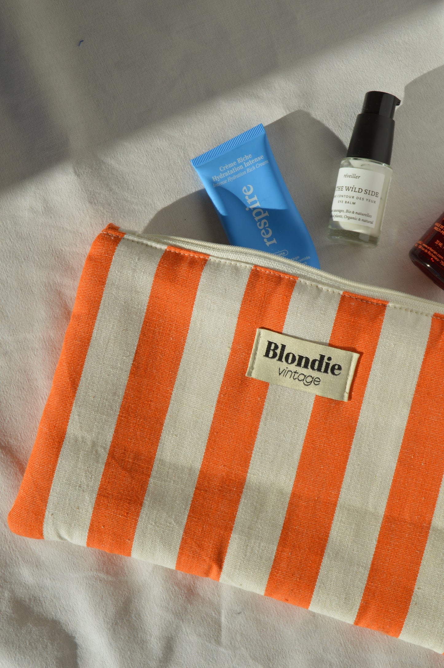 Pochette zippée rayé en tissu vintage upcyclé, faite main en France par Blondie vintage