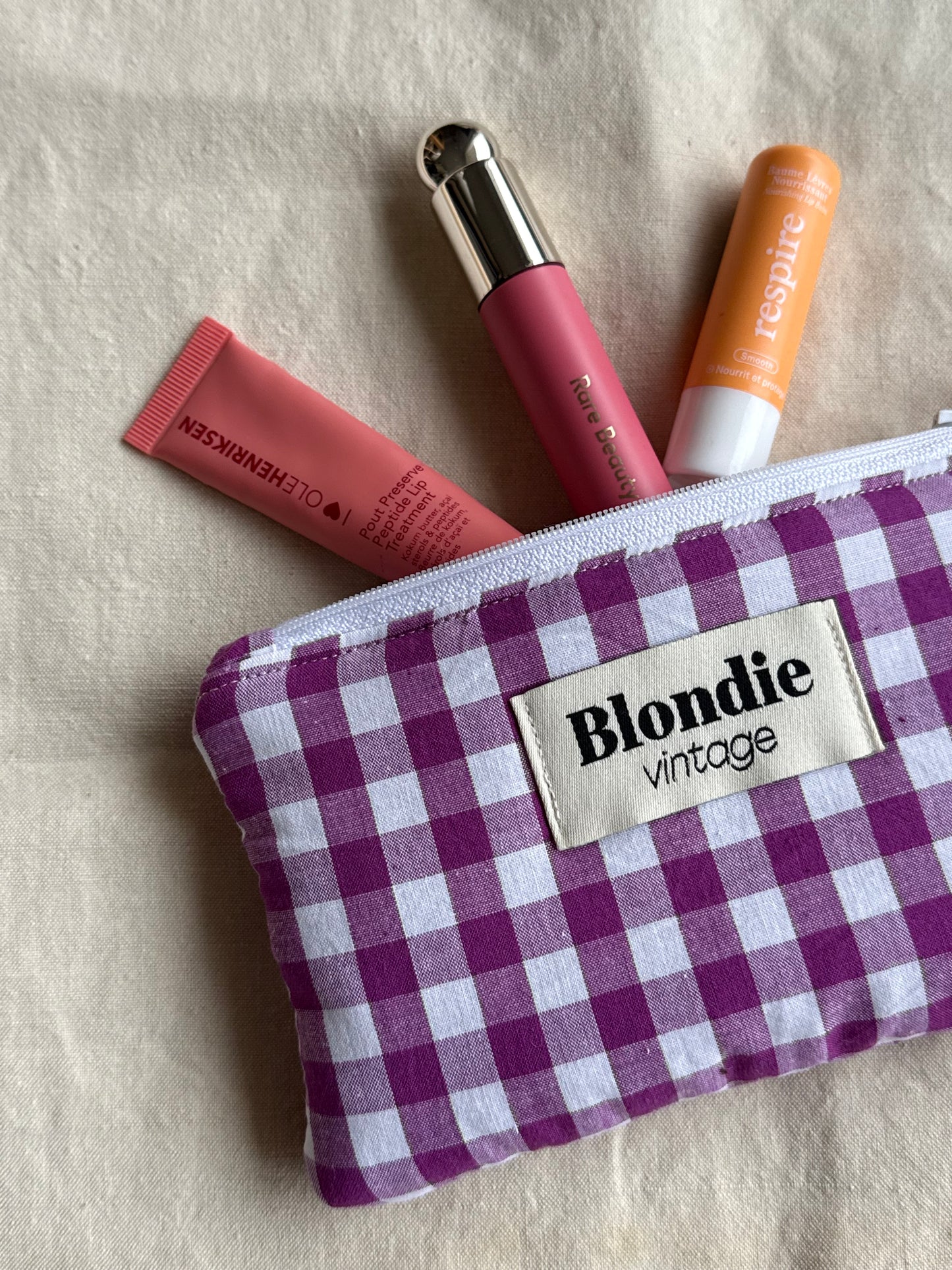 Mini Pochette vichy violette fabriqué à partir de tissus vintage mode durable mode responsable fabriqué à la main