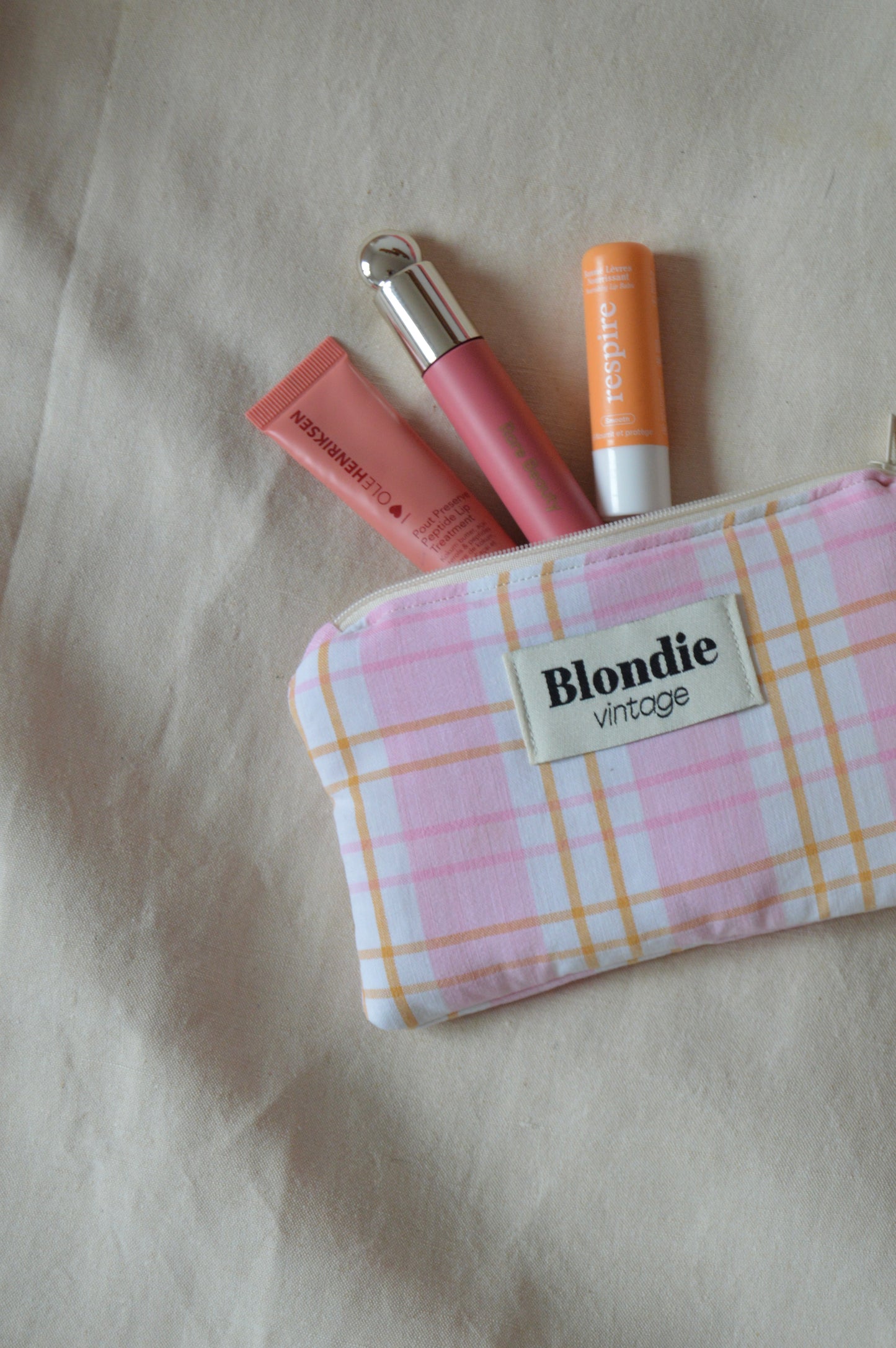 Mini Pochette carreaux rose fabriqué à partir de tissus vintage mode durable mode responsable fabriqué à la main