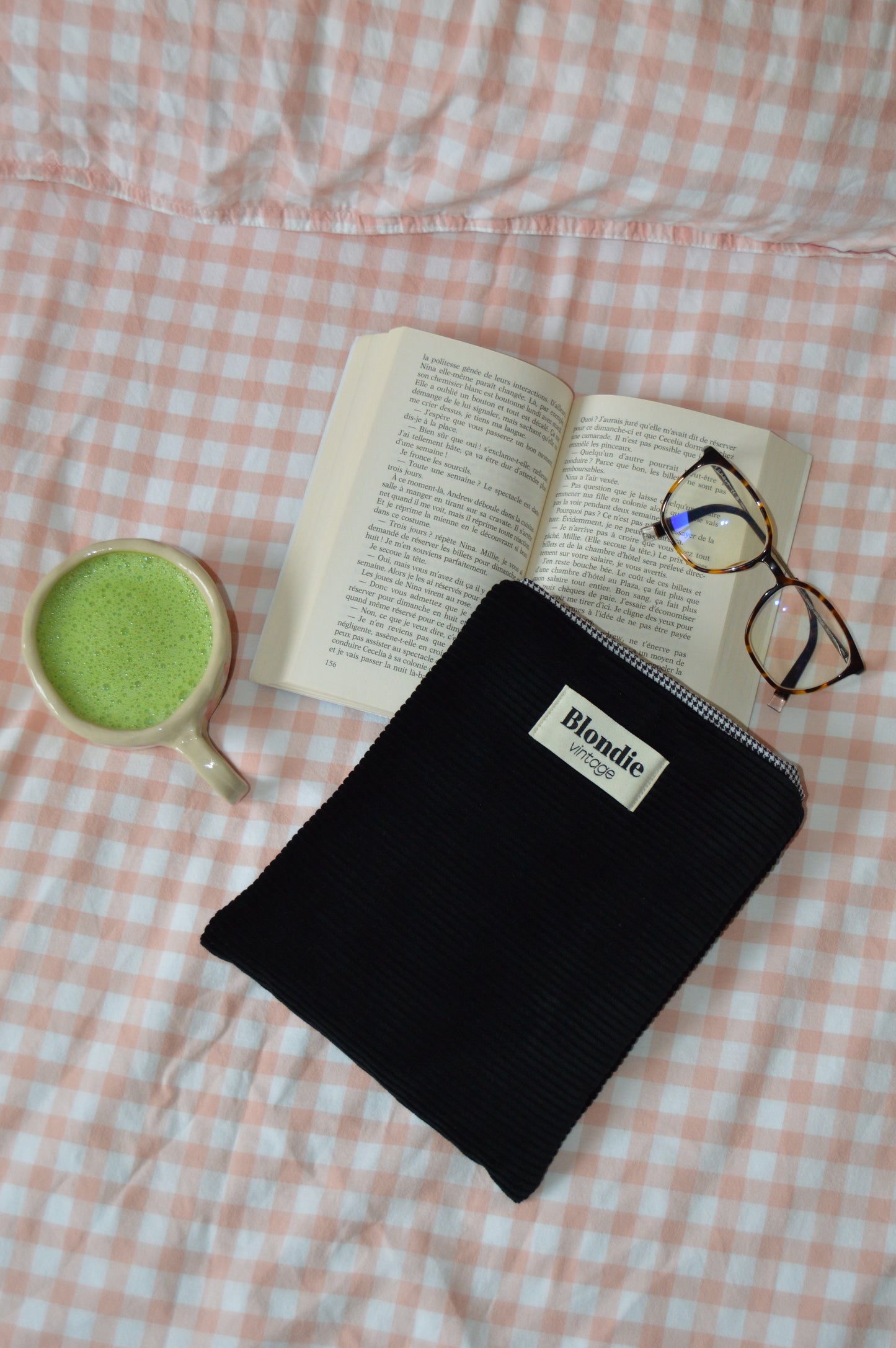 Housse de livre vichy noir fabriqué à partir de tissus vintage mode durable mode responsable fabriqué à la main