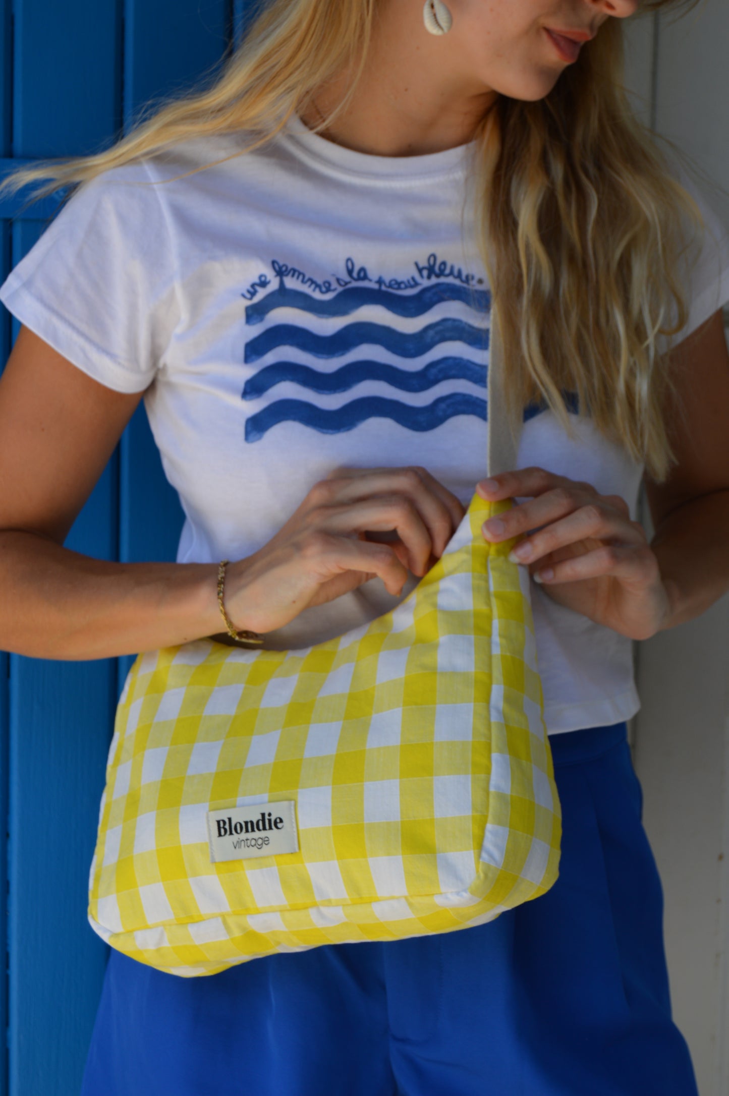 Sac crossbody vichy jaune fabriqué à partir de taie de traversin vintage mode durable mode responsable fabriqué à la main