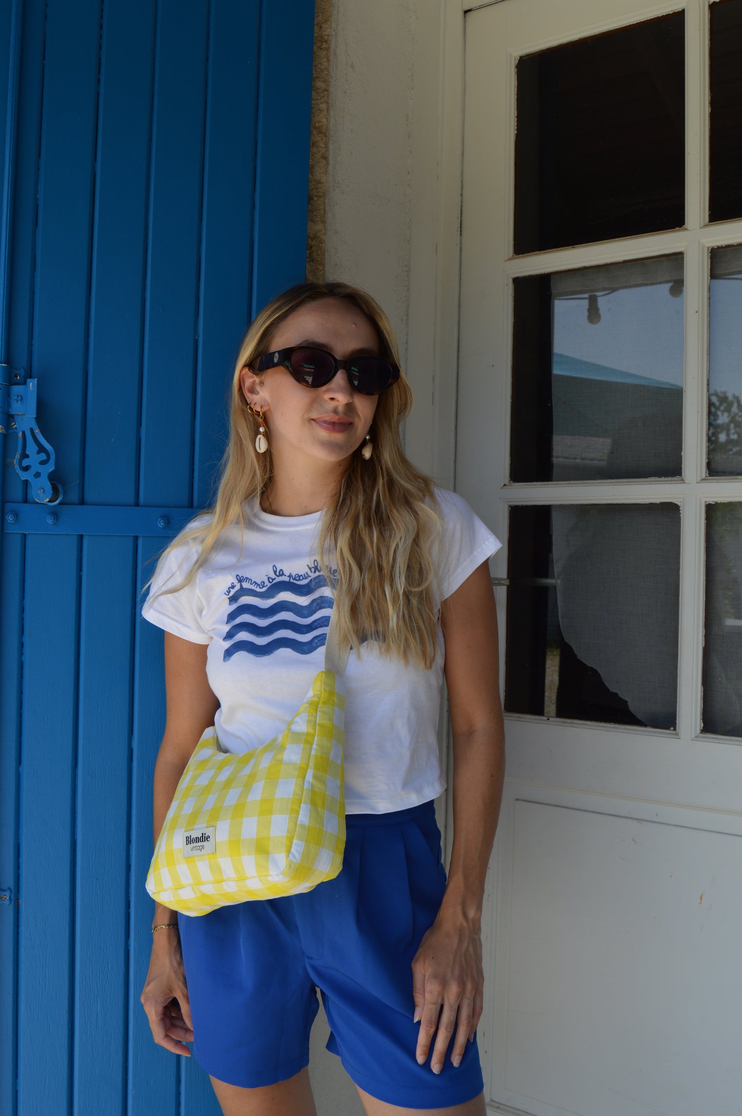 Sac crossbody vichy jaune fabriqué à partir de taie de traversin vintage mode durable mode responsable fabriqué à la main