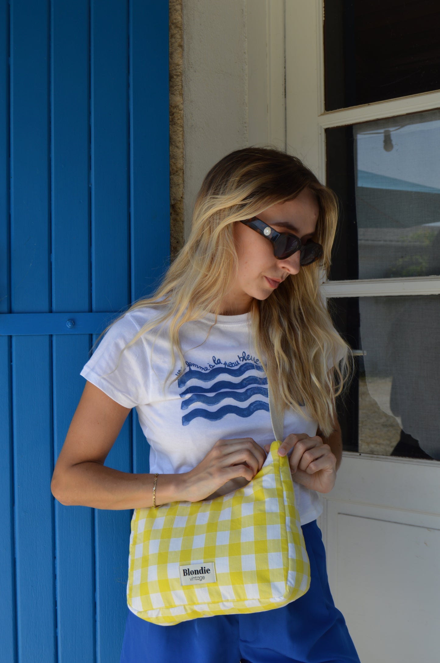 Sac crossbody vichy jaune fabriqué à partir de taie de traversin vintage mode durable mode responsable fabriqué à la main