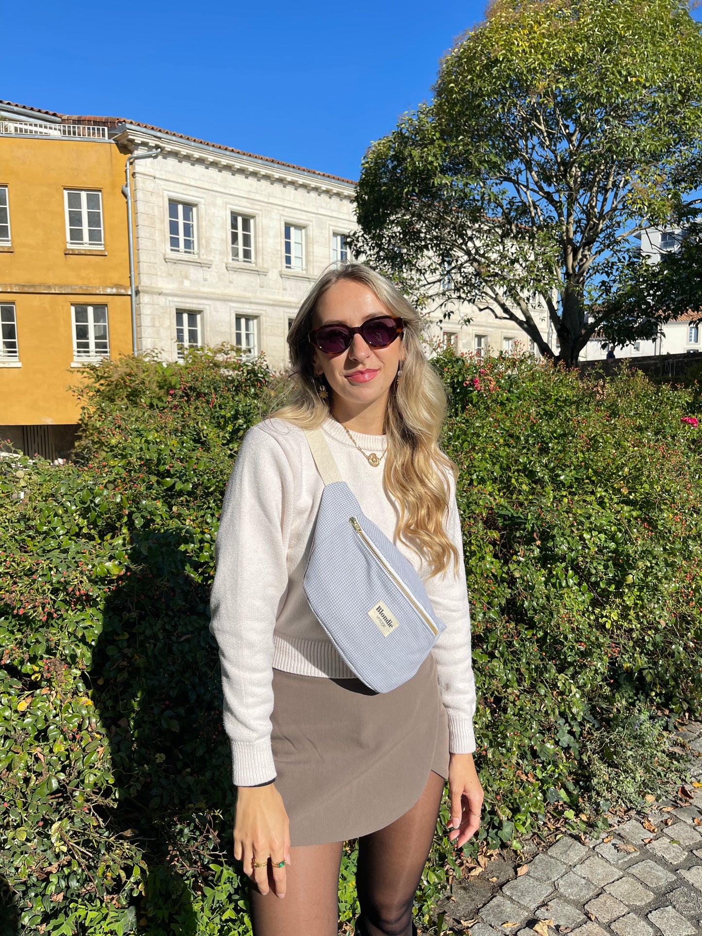 Sac banane pied de poule bleu