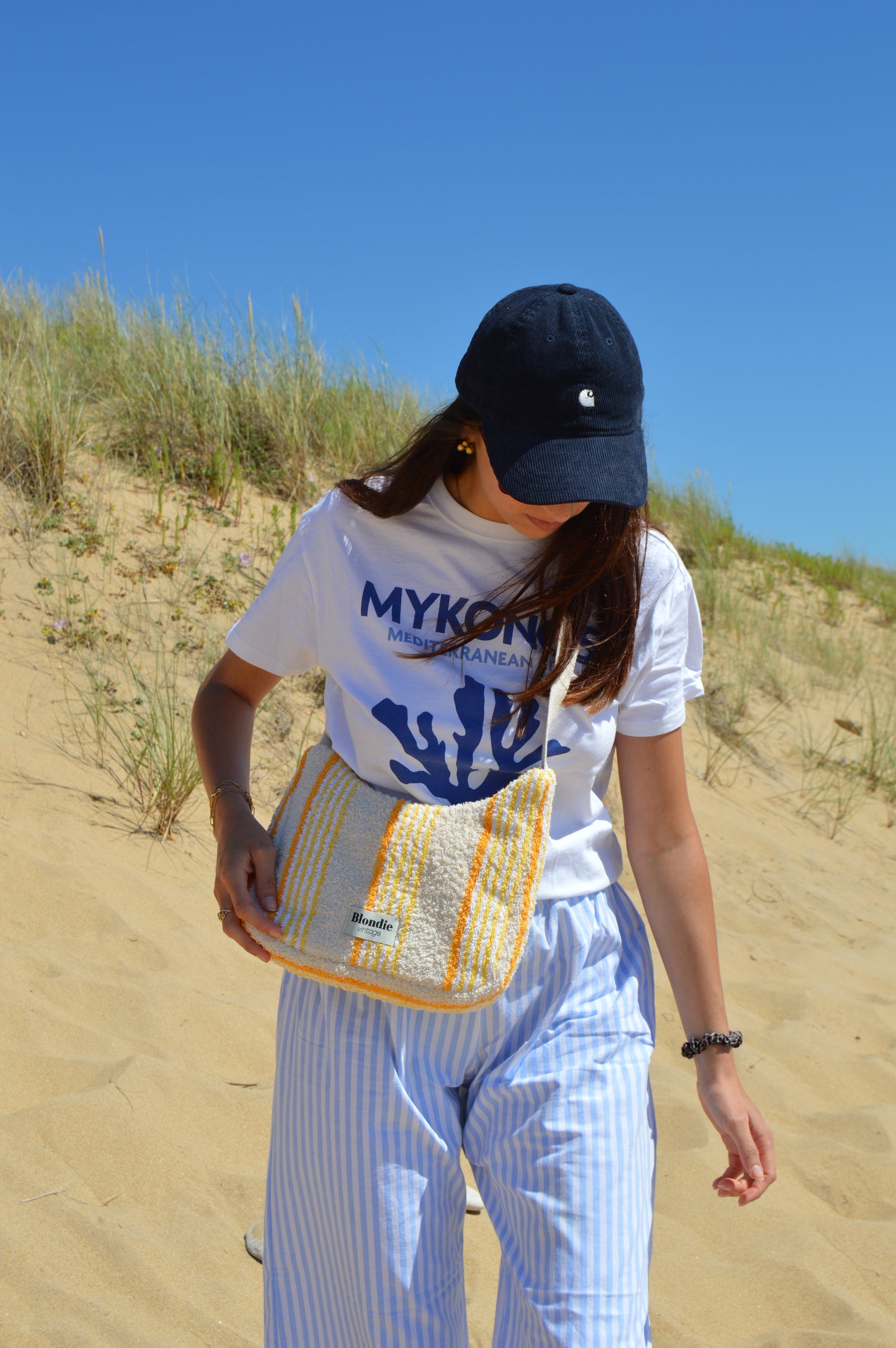 sac bandoulière rayé jaune fabriquée à la main à partir de serviette de bain vintages upcyclées mode durable