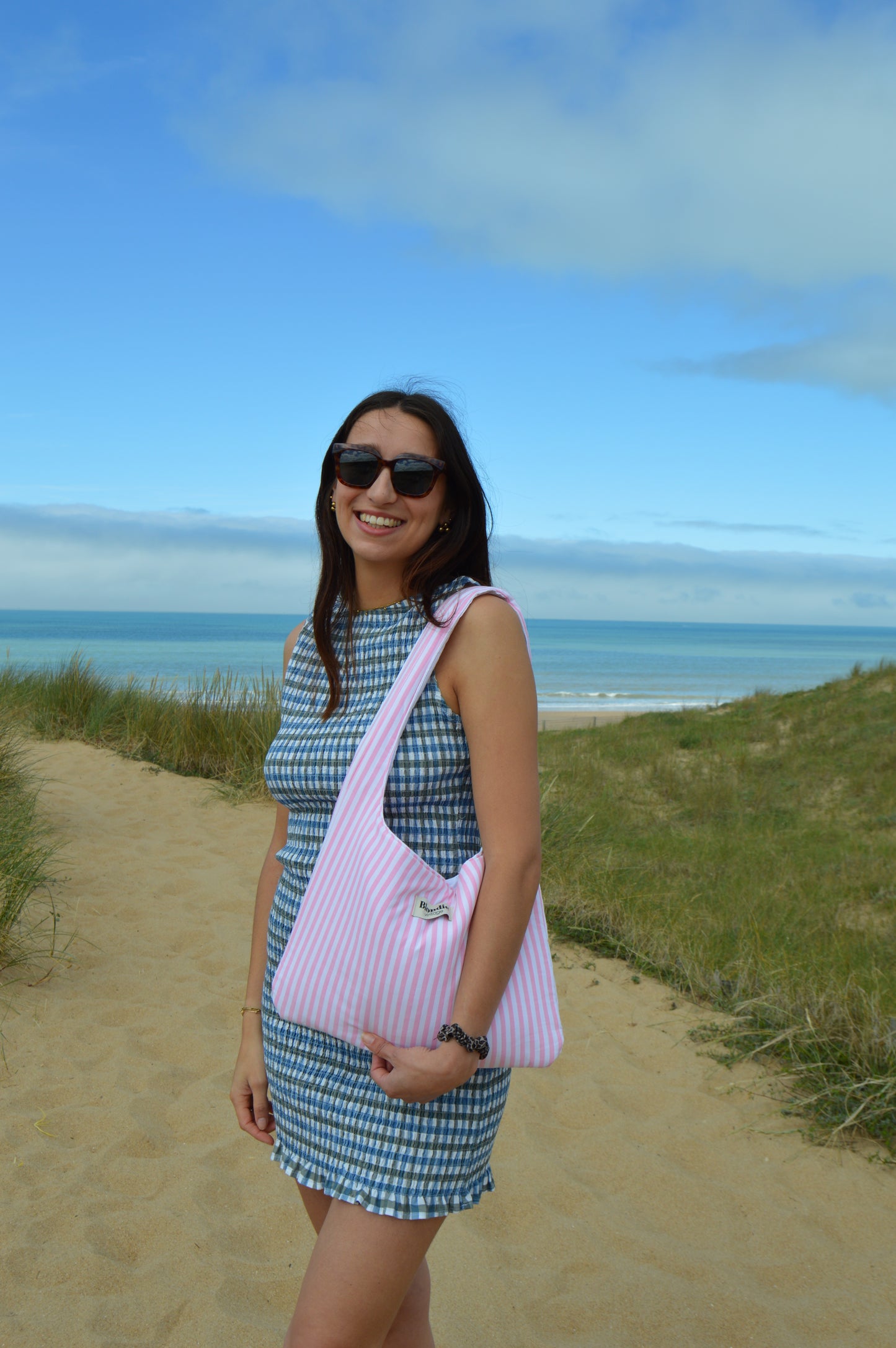 Sac boho rayé rose fabriqué à partir de taie de traversin vintage mode durable mode responsable fabriqué à la main