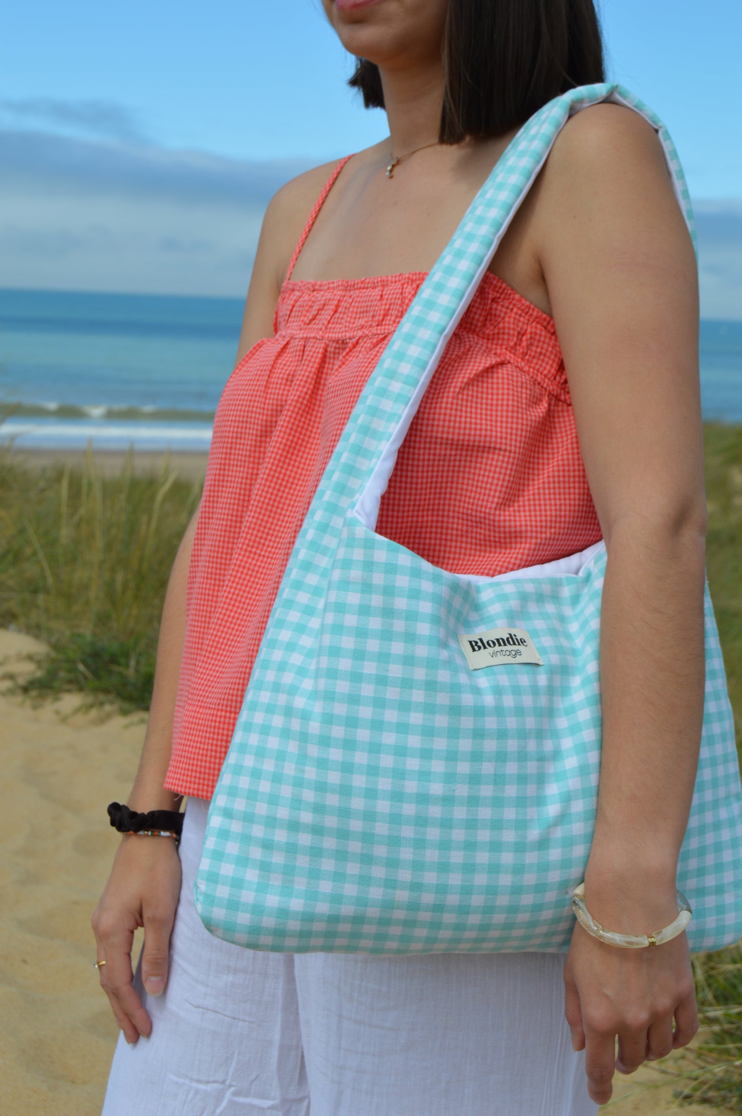 Sac boho vichy turquoise fabriqué à partir de taie de traversin vintage mode durable mode responsable fabriqué à la main