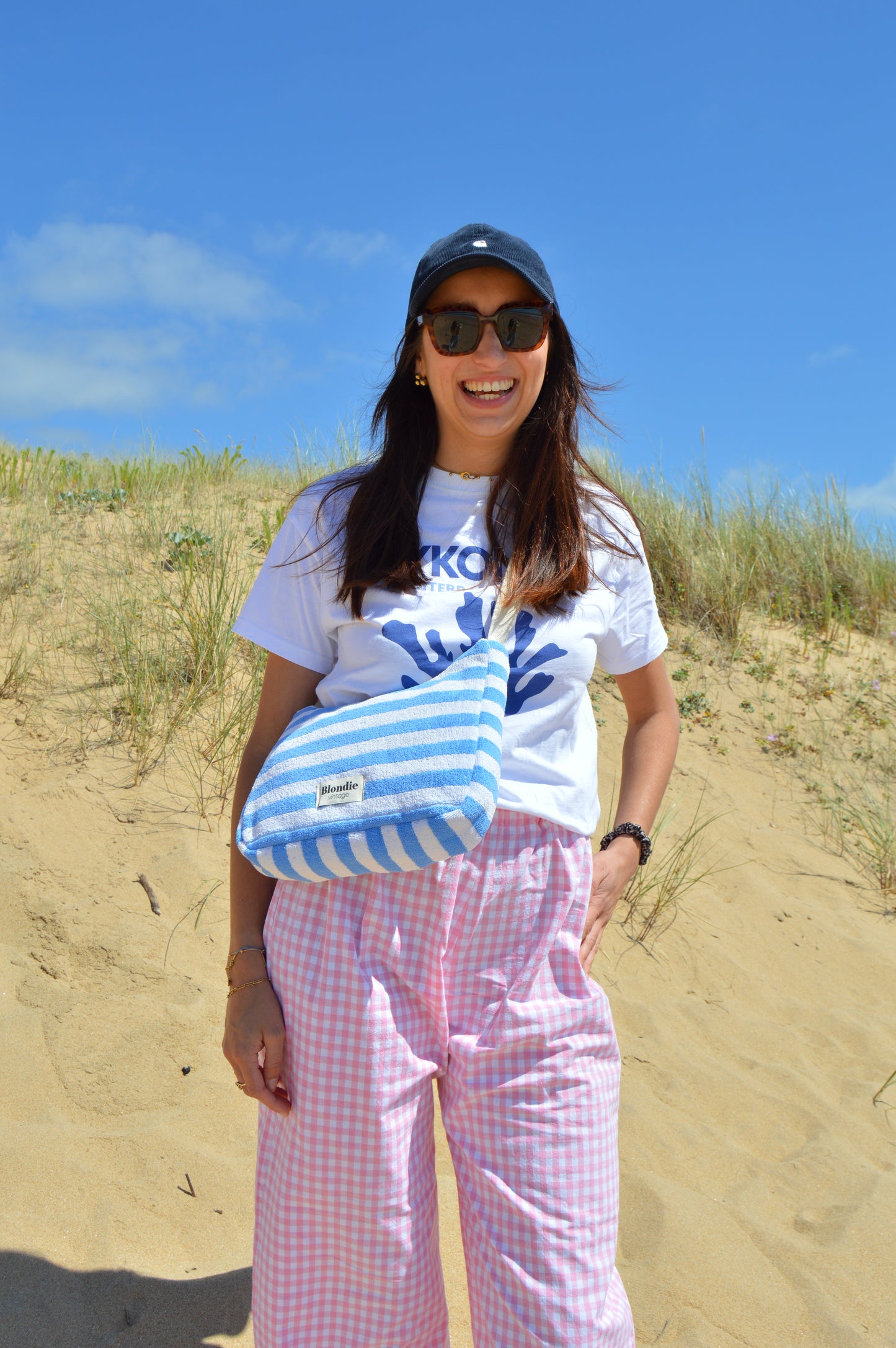 sac bandoulière rayé bleu fabriquée à la main à partir de serviette de bain vintages upcyclées mode durable