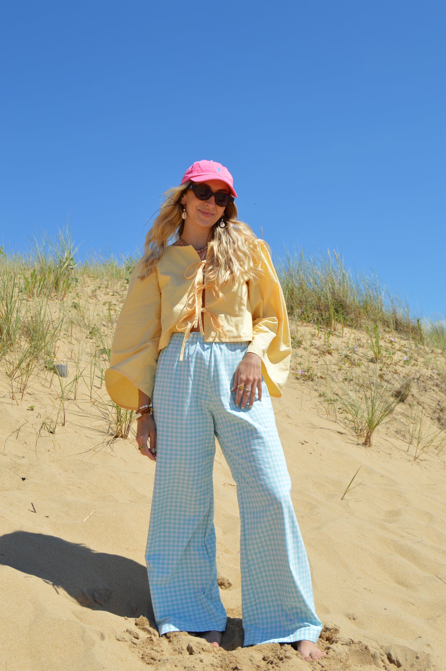 Pantalon vichy turquoise upcyclé à partir de drap vintage made in france mode durable et responsable