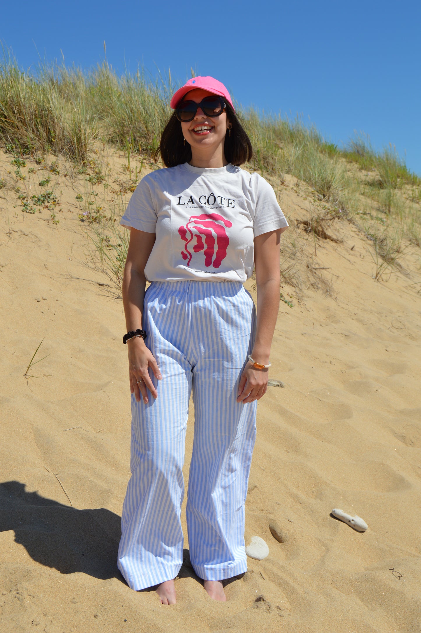 Pantalon rayé bleu upcyclé à partir de drap vintage made in france mode durable et responsable