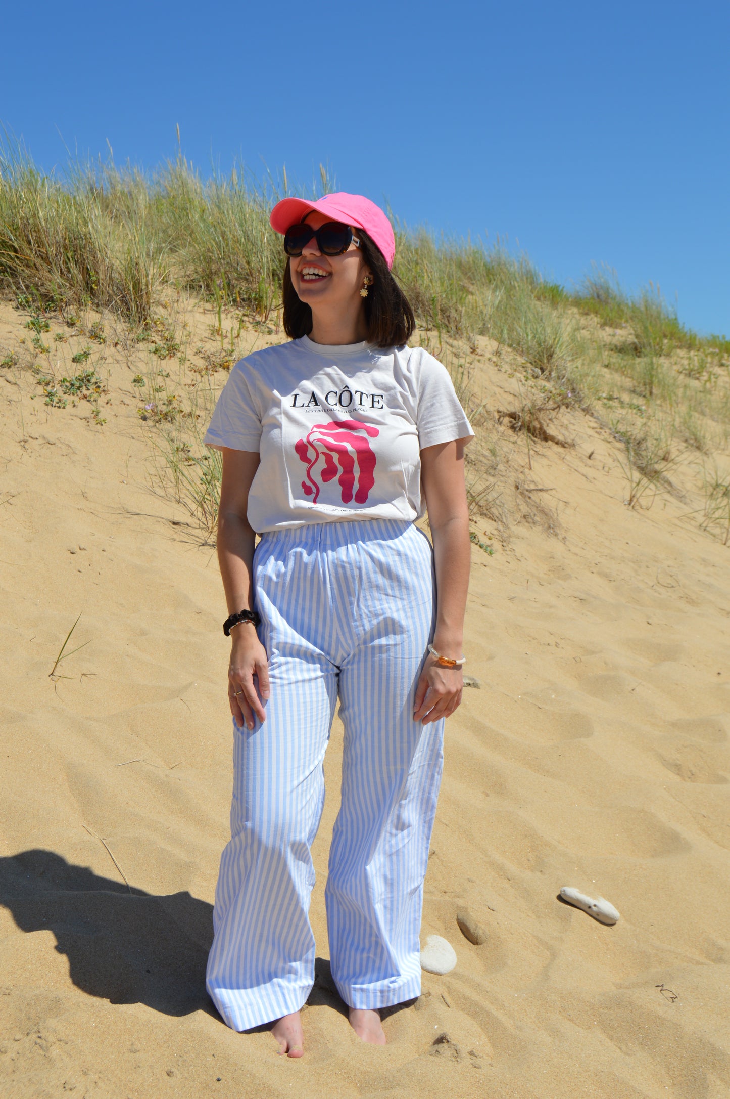 Pantalon rayé bleu upcyclé à partir de drap vintage made in france mode durable et responsable