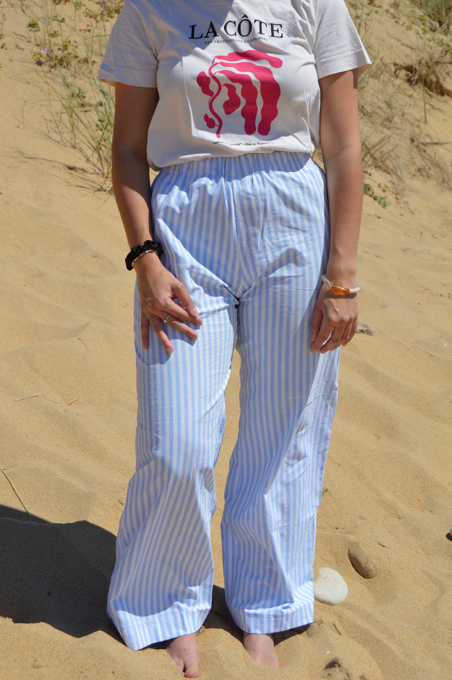 Pantalon rayé bleu upcyclé à partir de drap vintage made in france mode durable et responsable