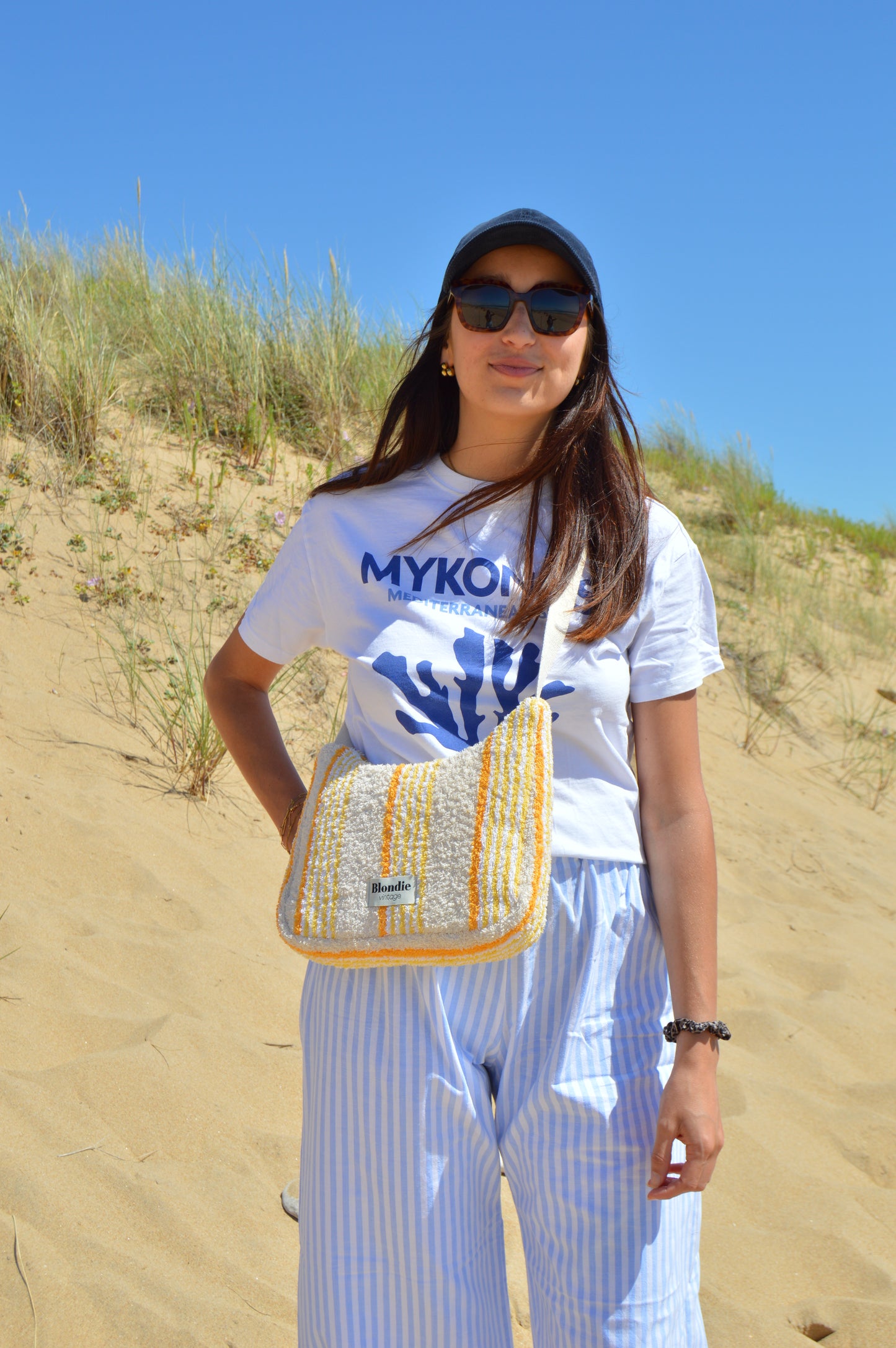 sac bandoulière rayé jaune fabriquée à la main à partir de serviette de bain vintages upcyclées mode durable