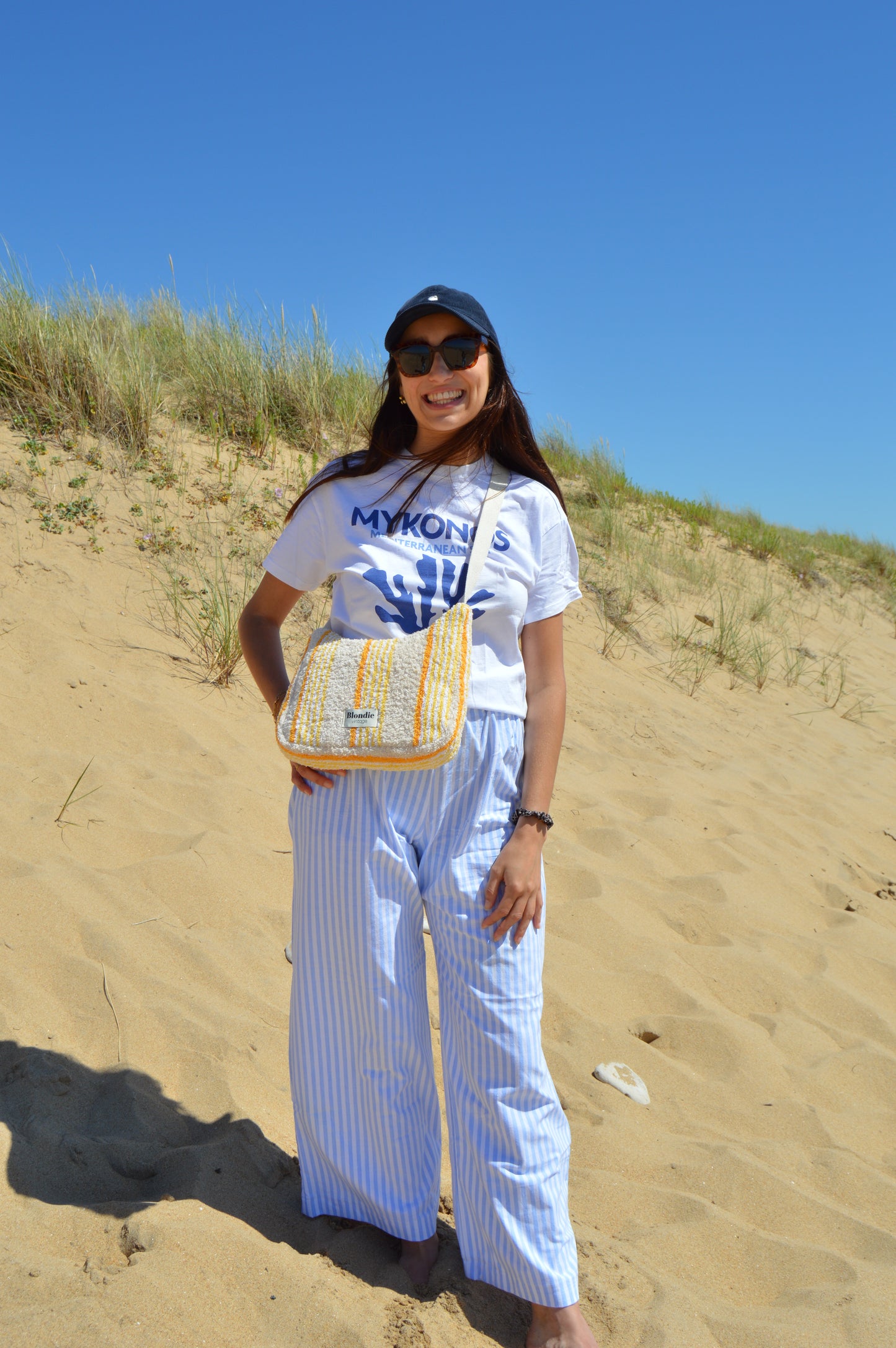 sac bandoulière rayé jaune fabriquée à la main à partir de serviette de bain vintages upcyclées mode durable