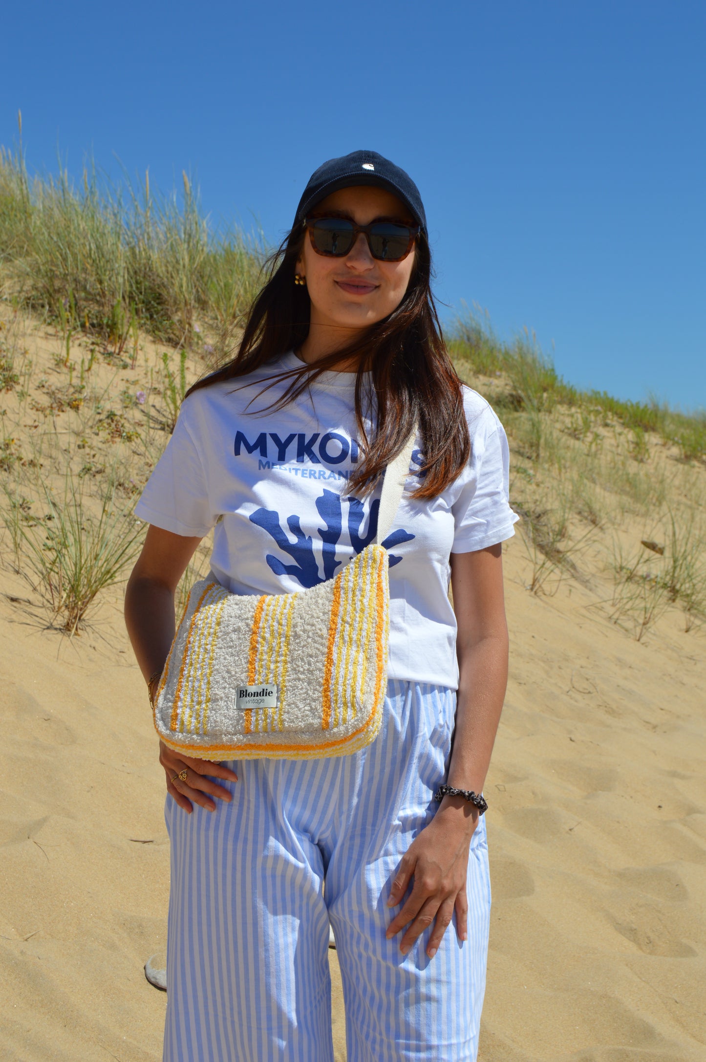 sac bandoulière rayé jaune fabriquée à la main à partir de serviette de bain vintages upcyclées mode durable