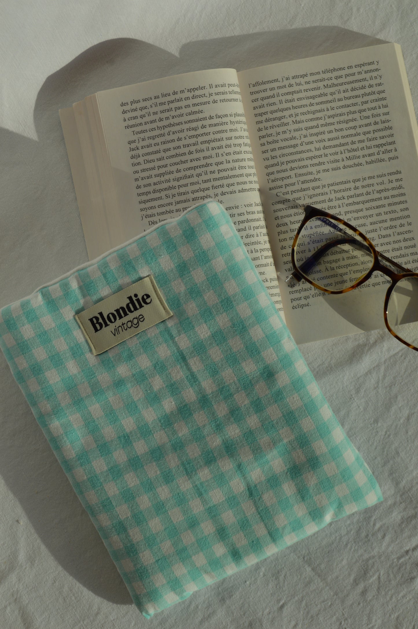 Housse de livre Vichy turquoise fabriqué à partir de tissu  vintage mode durable mode responsable fabriqué à la main