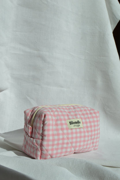 Trousse de toilette vichy rose fabriqué à partir de taie de tissus vintage mode durable mode responsable fabriqué à la main 