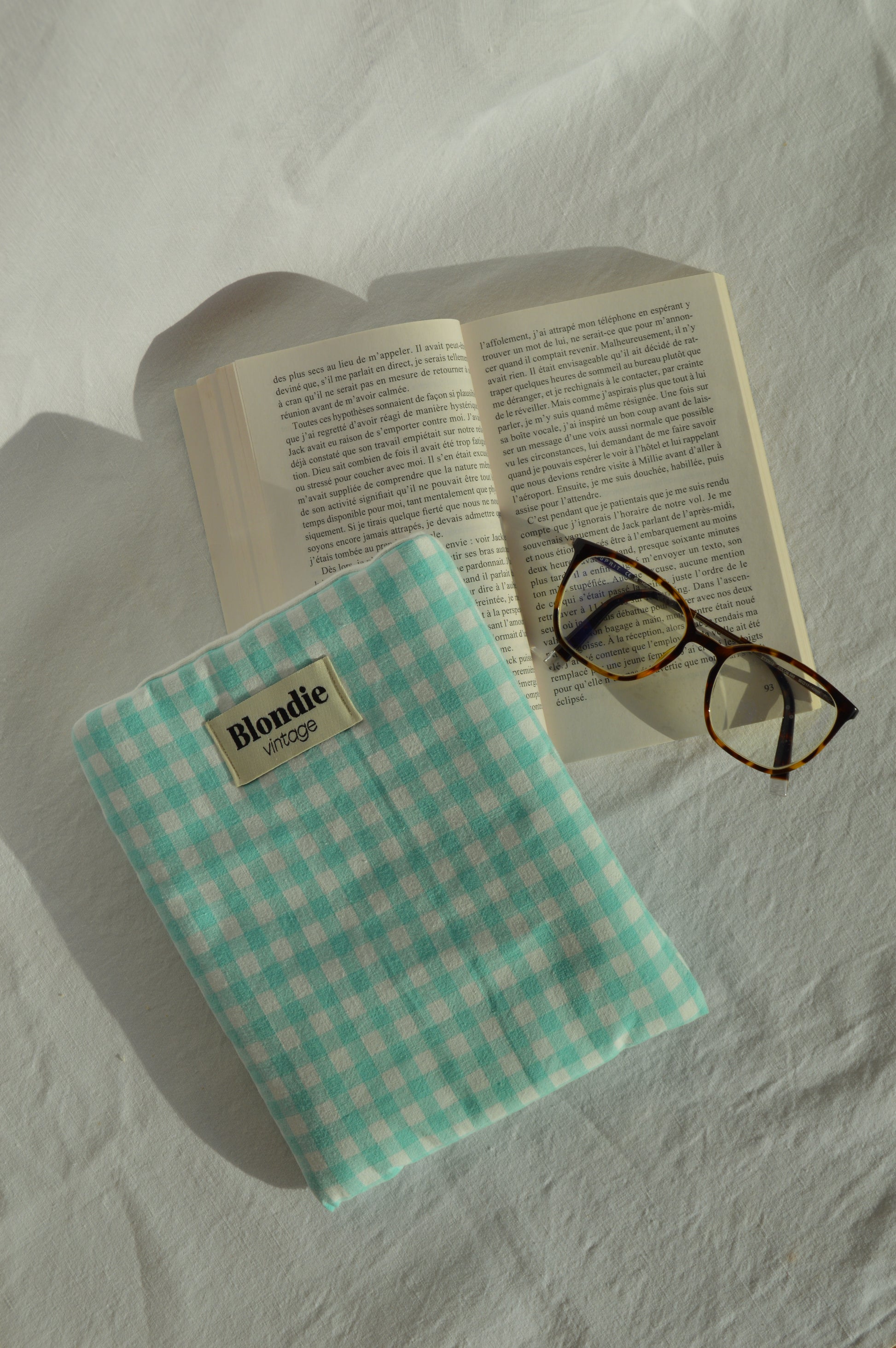 Housse de livre Vichy turquoise fabriqué à partir de tissu  vintage mode durable mode responsable fabriqué à la main