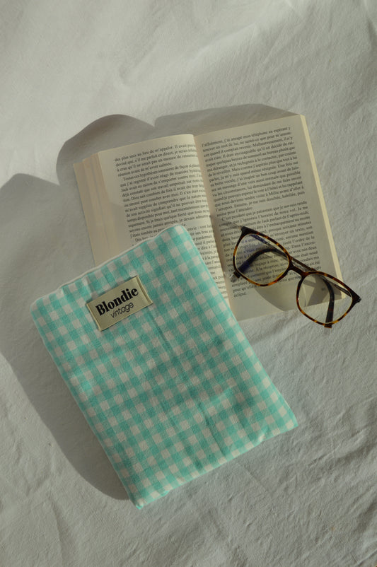 Housse de livre Vichy turquoise fabriqué à partir de tissu  vintage mode durable mode responsable fabriqué à la main