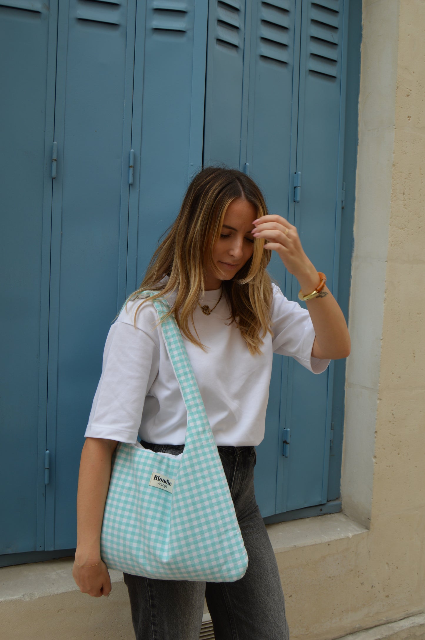 Sac Boho motif vichy turquoise