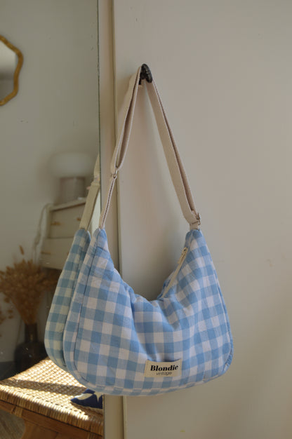 Sac crossbody vichy bleu fabriqué à partir de tissus vintage mode durable mode responsable fabriqué à la main 