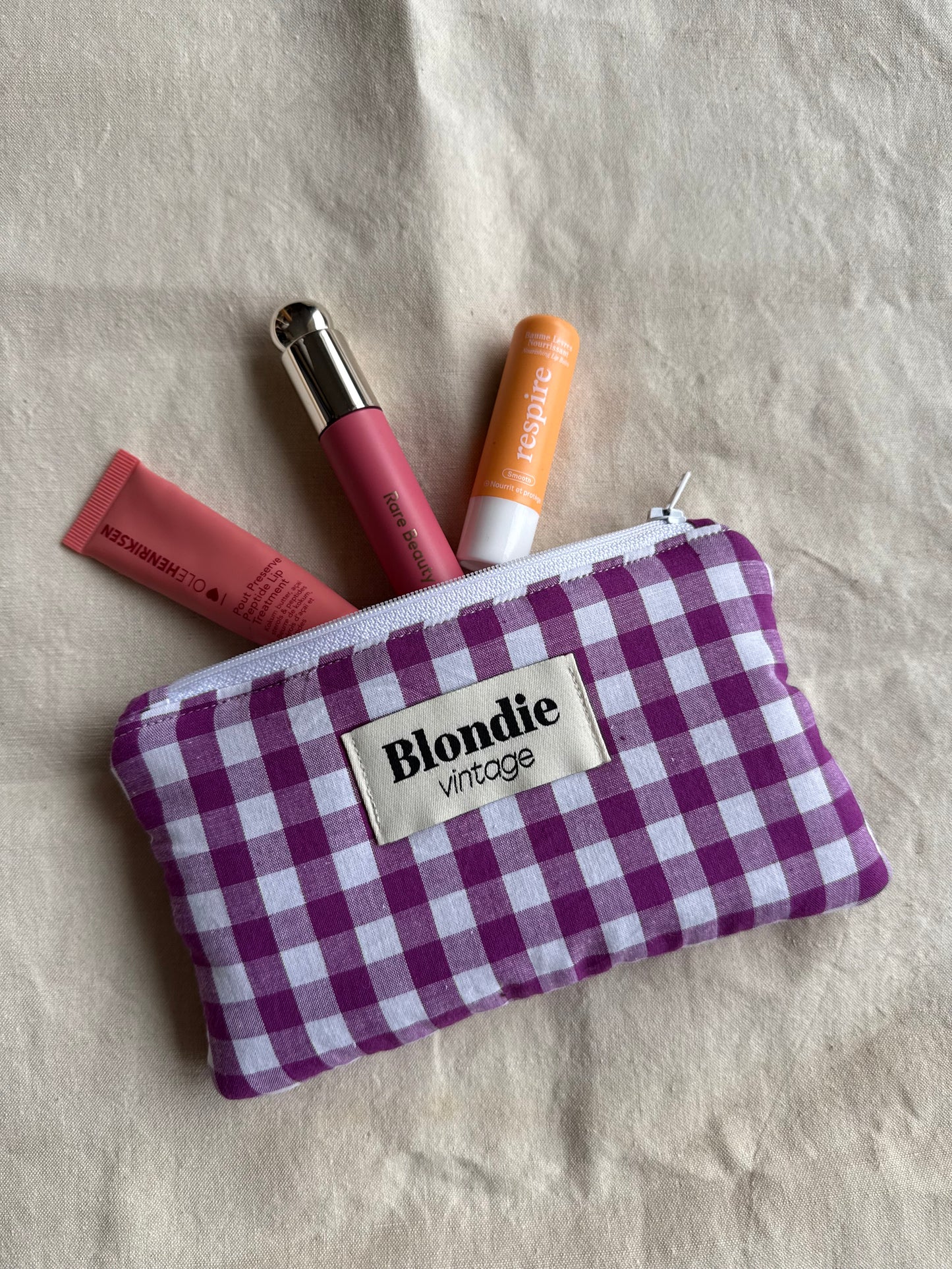 Mini Pochette vichy violette fabriqué à partir de tissus vintage mode durable mode responsable fabriqué à la main 