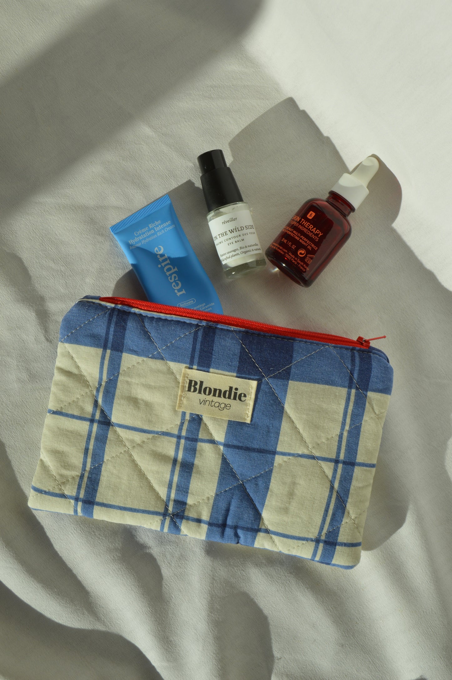 Pochette velours carreaux bleu en tissu vintage upcyclé, faite main en France par Blondie vintage