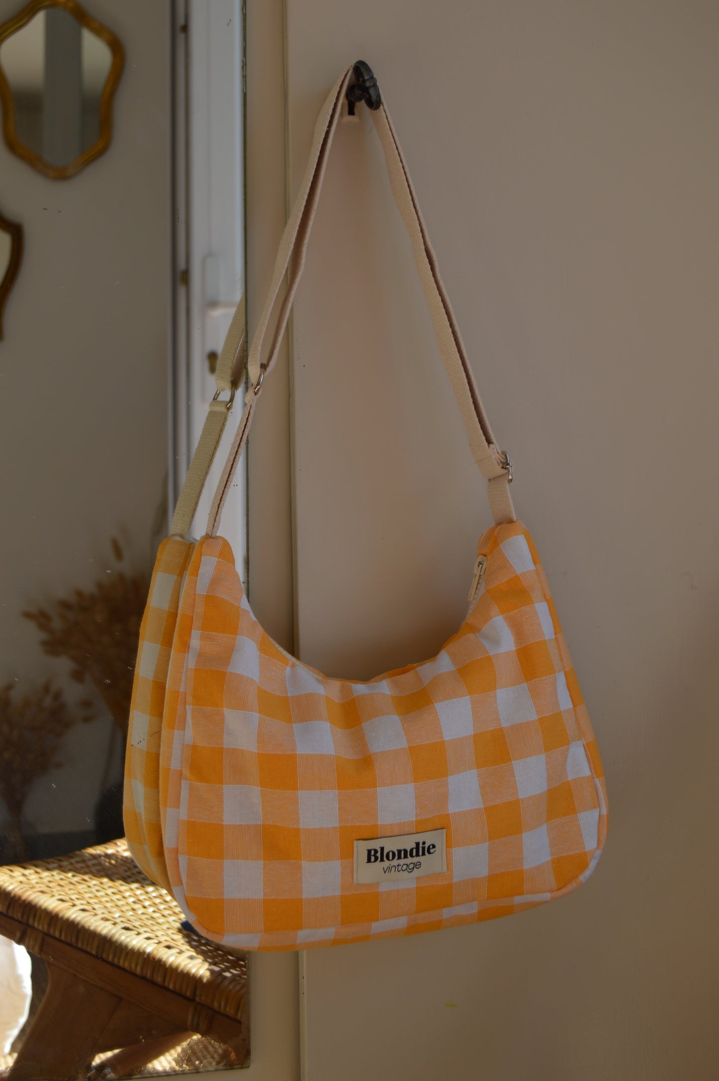 Sac crossbody vichy peche fabriqué à partir de tissus vintage mode durable mode responsable fabriqué à la main 