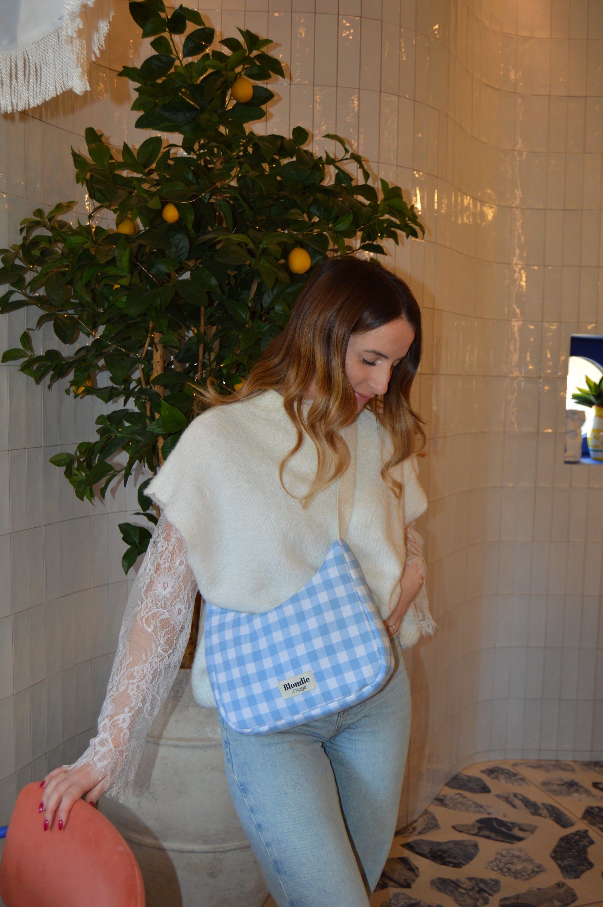 Sac crossbody vichy bleu fabriqué à partir de tissus vintage mode durable mode responsable fabriqué à la main 