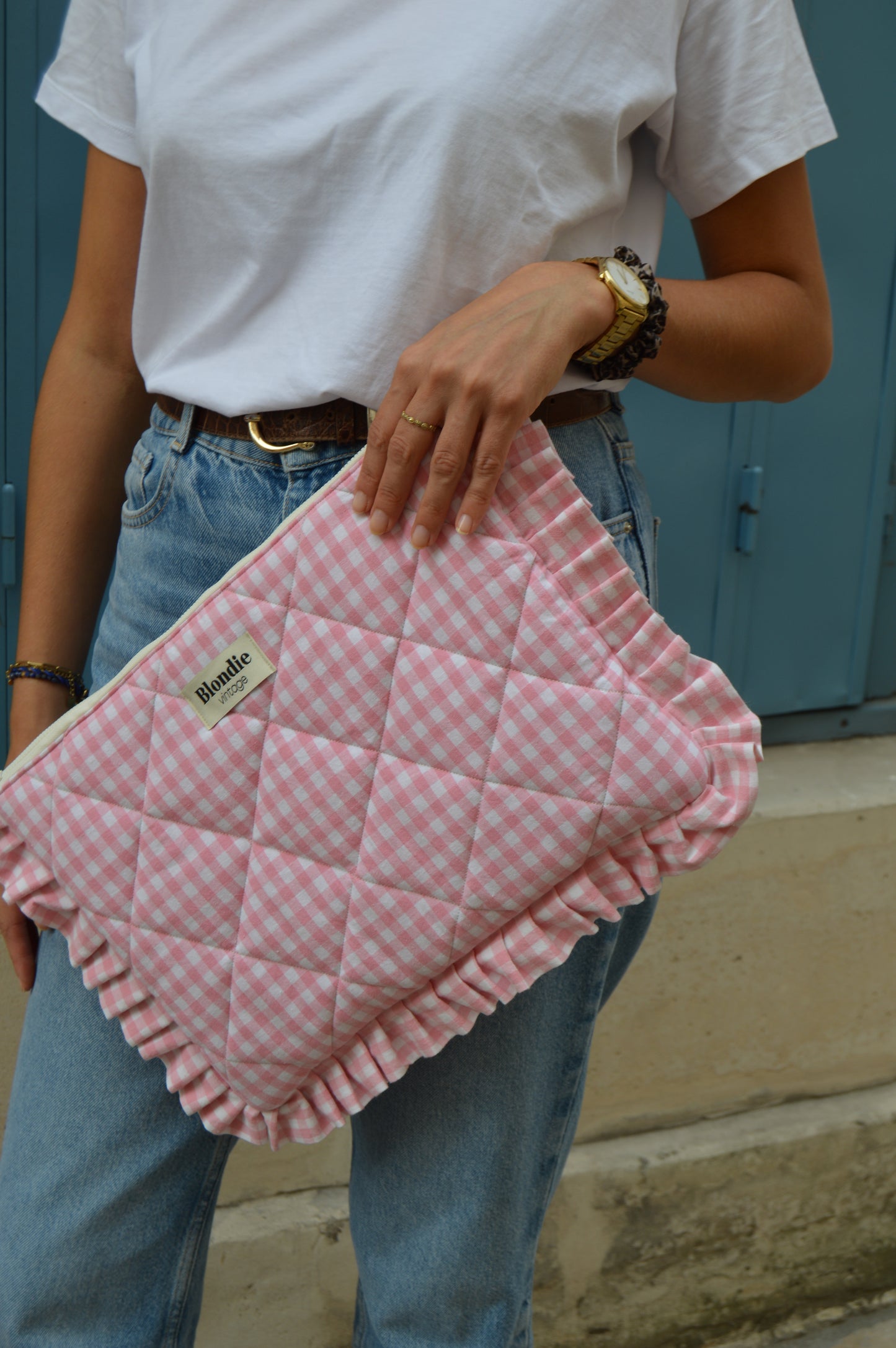 Housse d'ordinateur vichy rose avec froufrou fabriqué à partir de tissus vintage mode durable mode responsable fabriqué à la main 