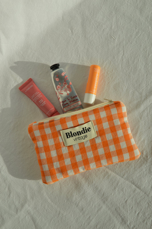 Mini Pochette vichy orange fabriqué à partir de tissus vintage mode durable mode responsable fabriqué à la main 