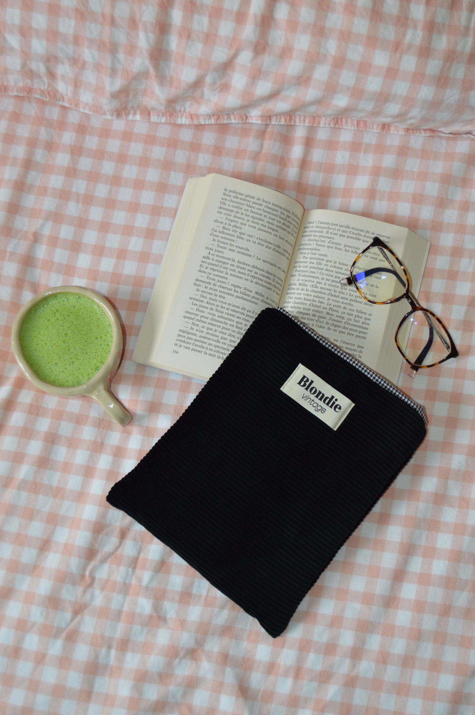 Housse de livre vichy noir fabriqué à partir de tissus vintage mode durable mode responsable fabriqué à la main 