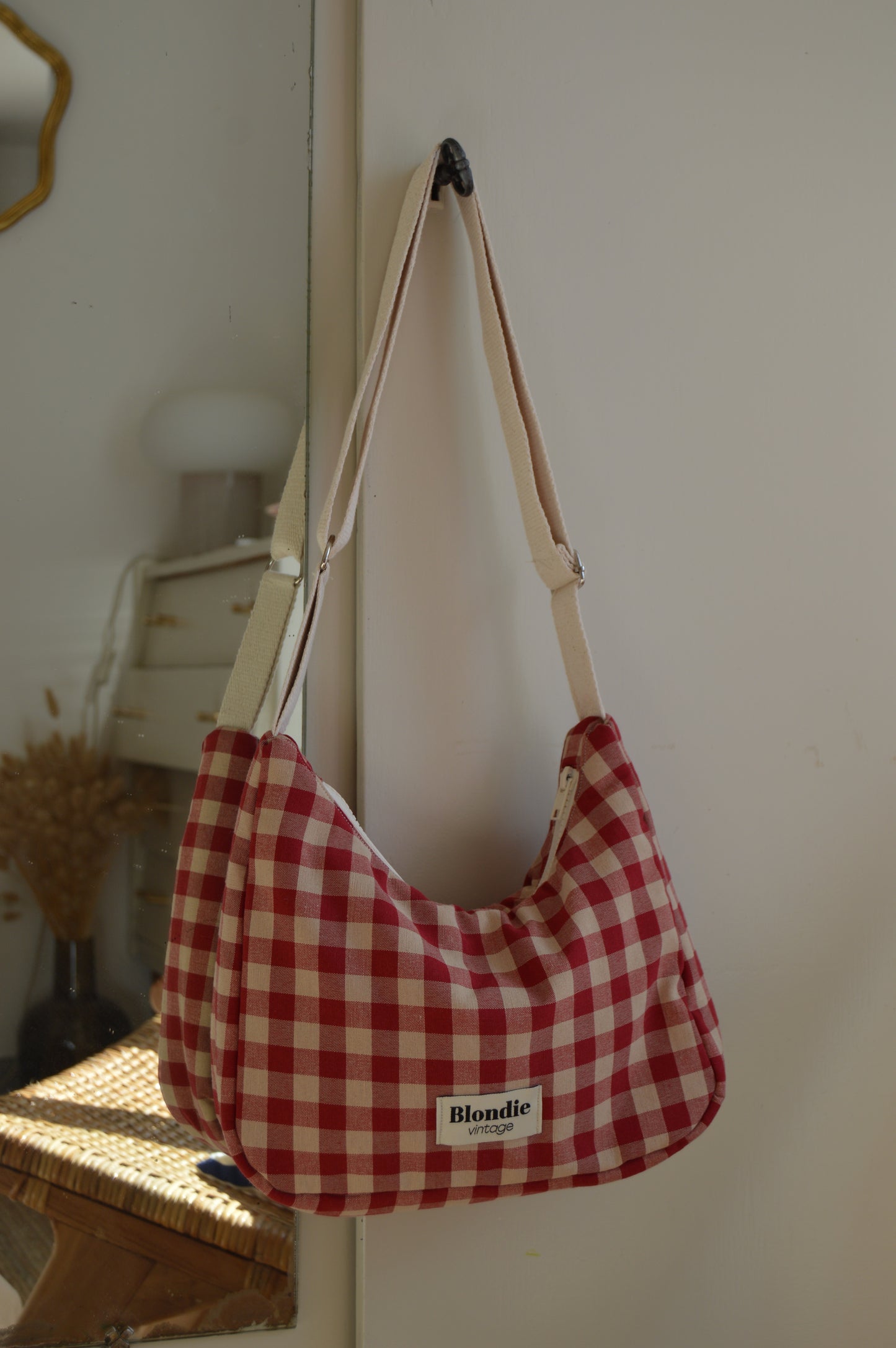 Sac crossbody vichy rose vintage fabriqué à partir de tissus vintage mode durable mode responsable fabriqué à la main 
