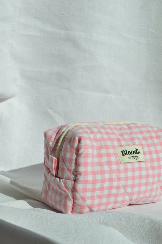 Trousse de toilette vichy rose fabriqué à partir de taie de tissus vintage mode durable mode responsable fabriqué à la main 