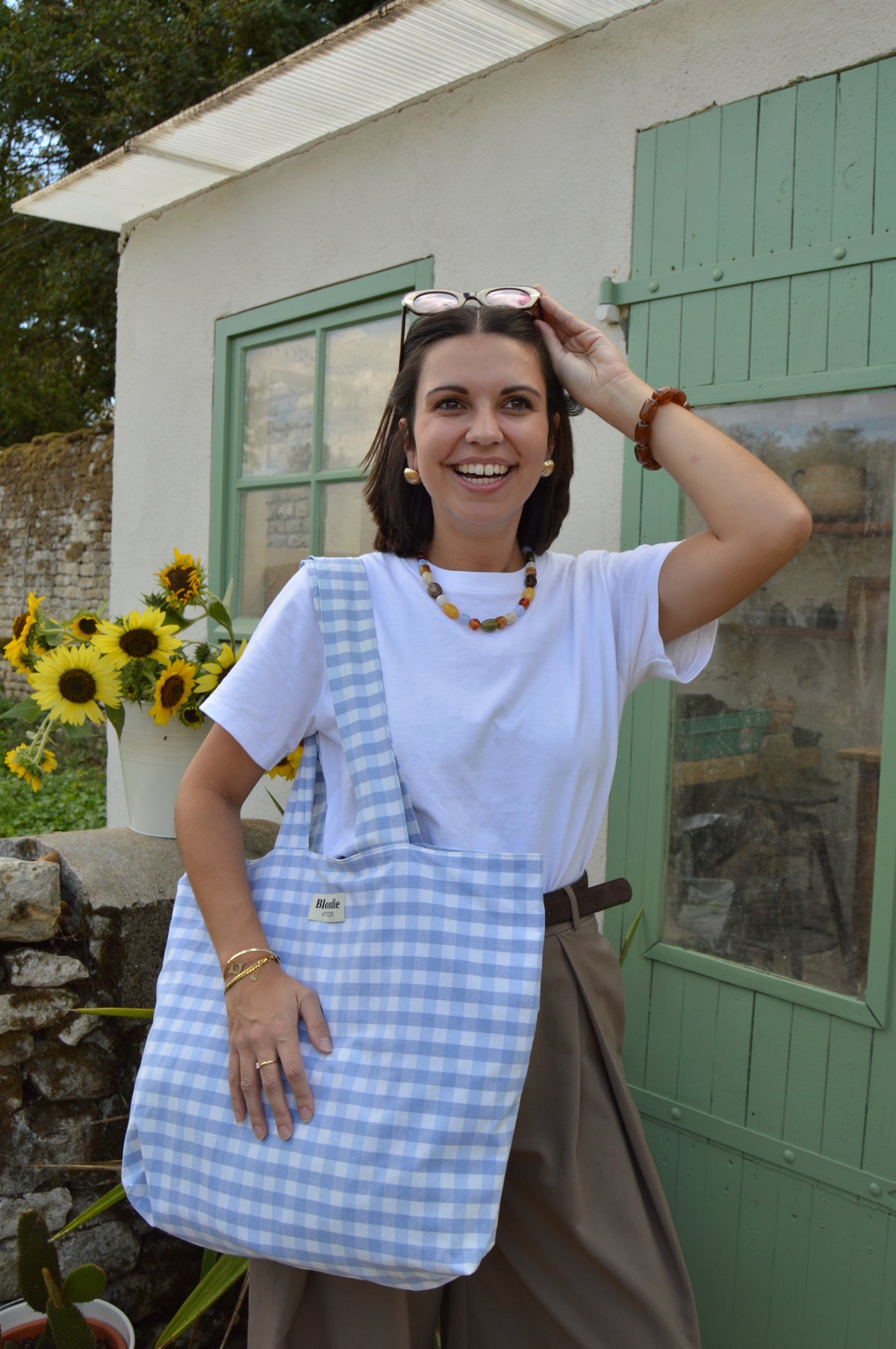 cabas vichy bleu fabriquée à partir de tissus vintage à la main avec biais coloré