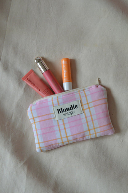 Mini Pochette carreaux rose fabriqué à partir de tissus vintage mode durable mode responsable fabriqué à la main 