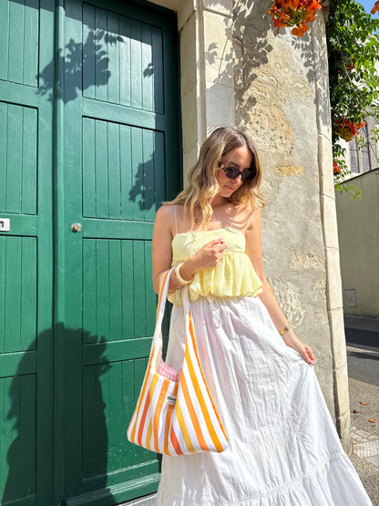 Sac boho raye orange fabriqué à partir de tissus vintage mode durable mode responsable fabriqué à la main 