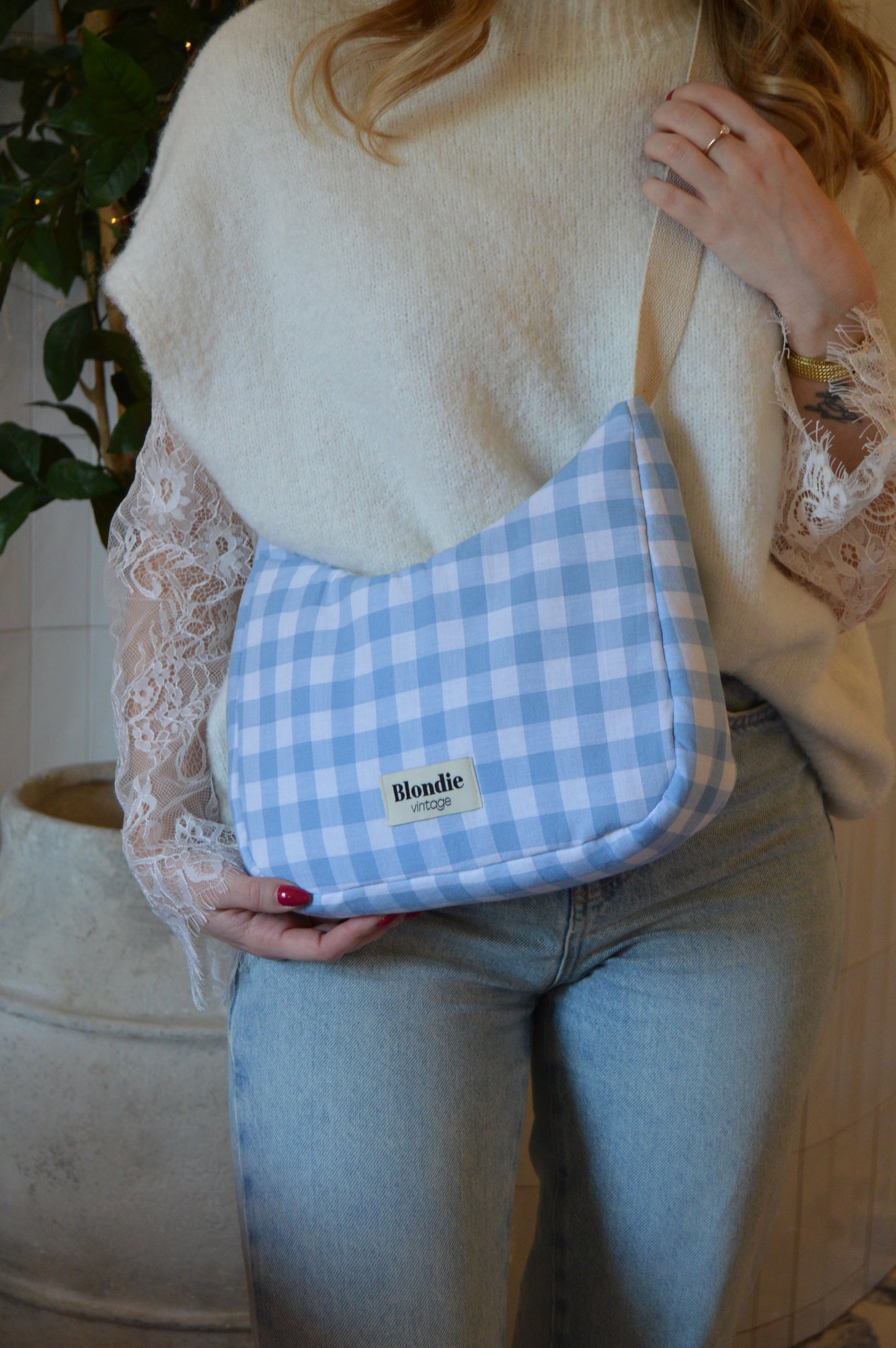 Sac crossbody vichy bleu fabriqué à partir de tissus vintage mode durable mode responsable fabriqué à la main 
