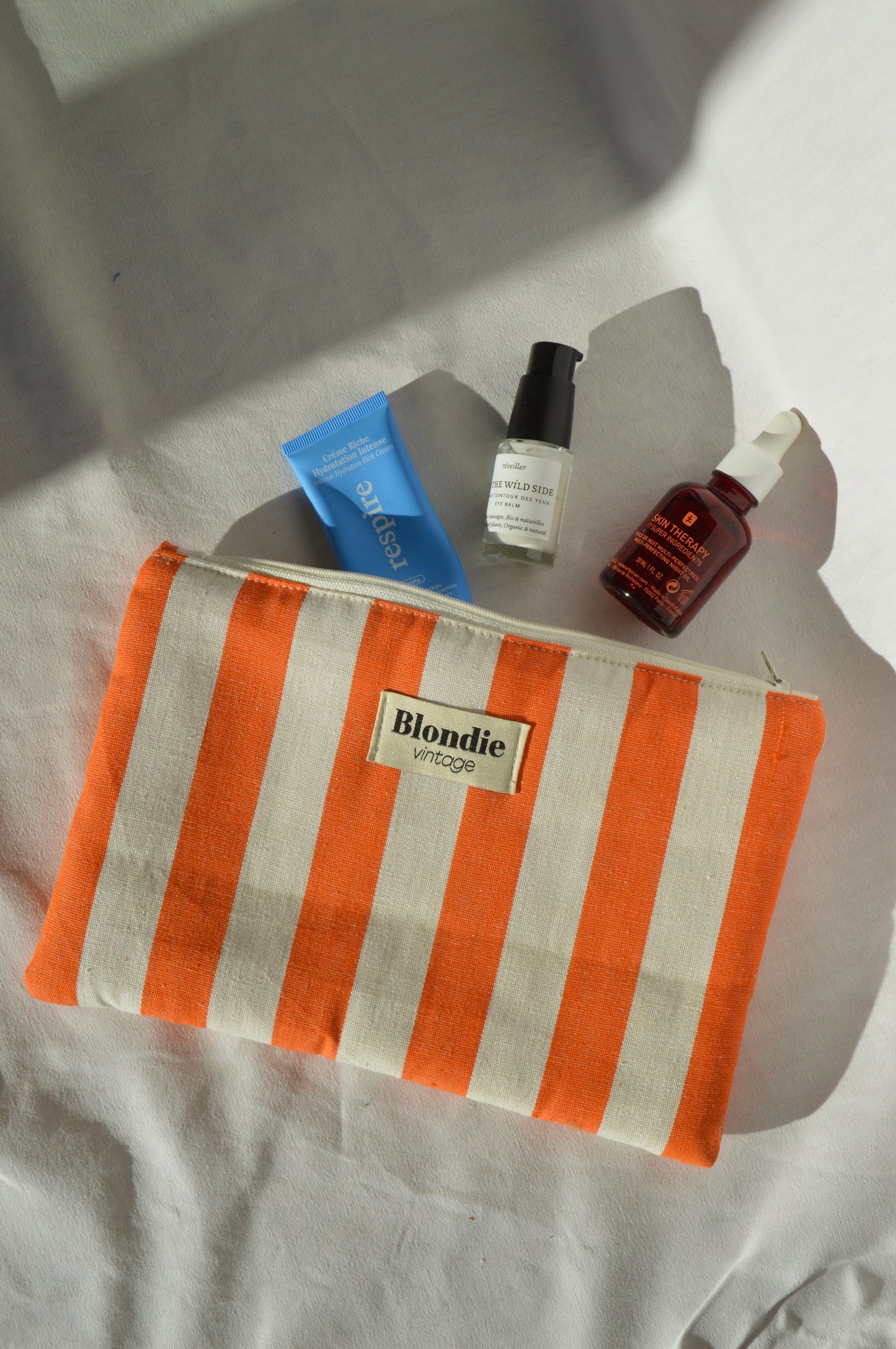 Pochette zippée rayé en tissu vintage upcyclé, faite main en France par Blondie vintage