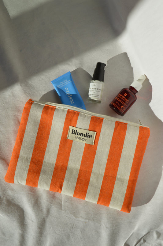 Pochette zippée rayé en tissu vintage upcyclé, faite main en France par Blondie vintage