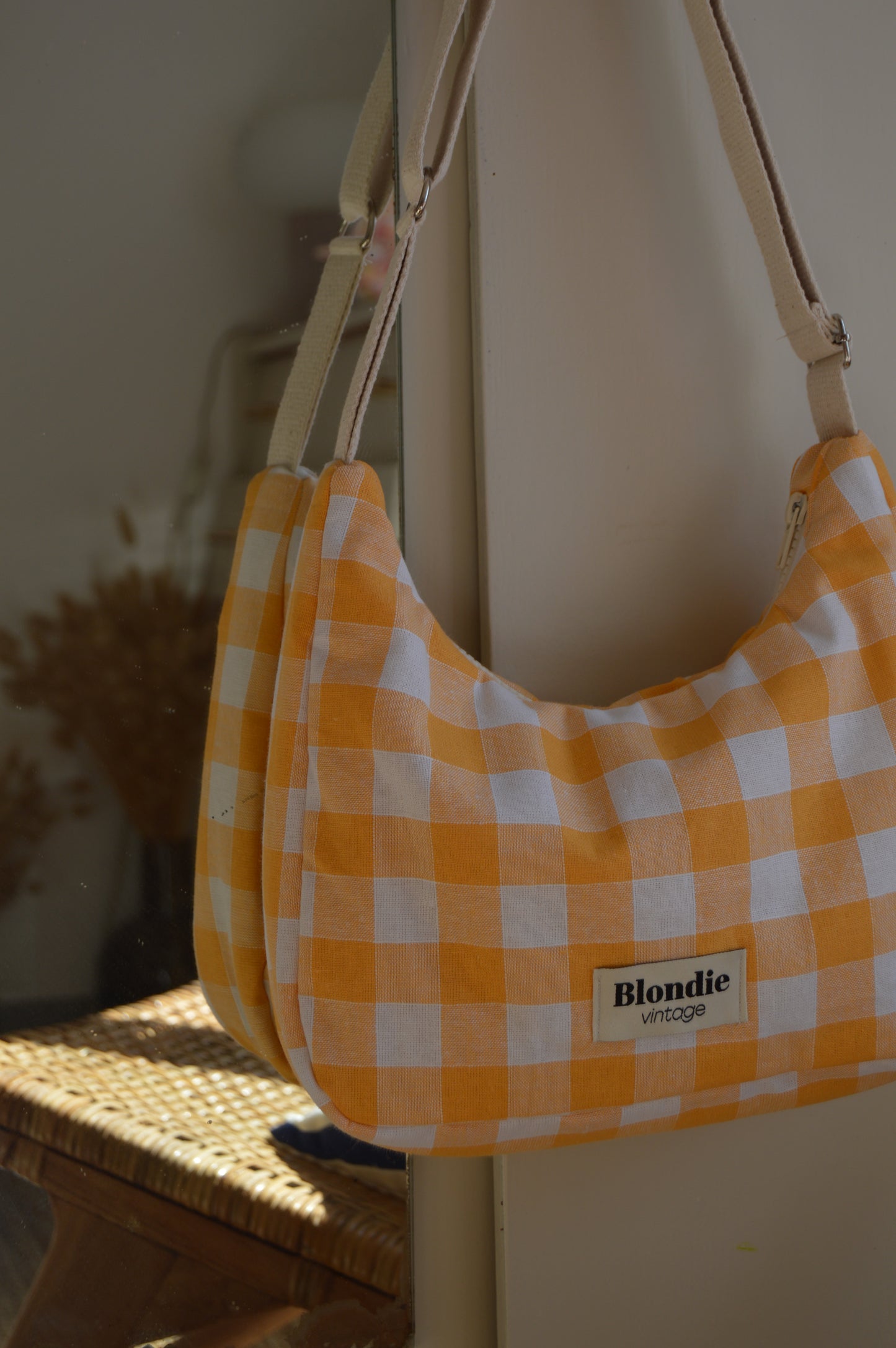 Sac crossbody vichy pêche fabriqué à partir de tissus vintage mode durable mode responsable fabriqué à la main 