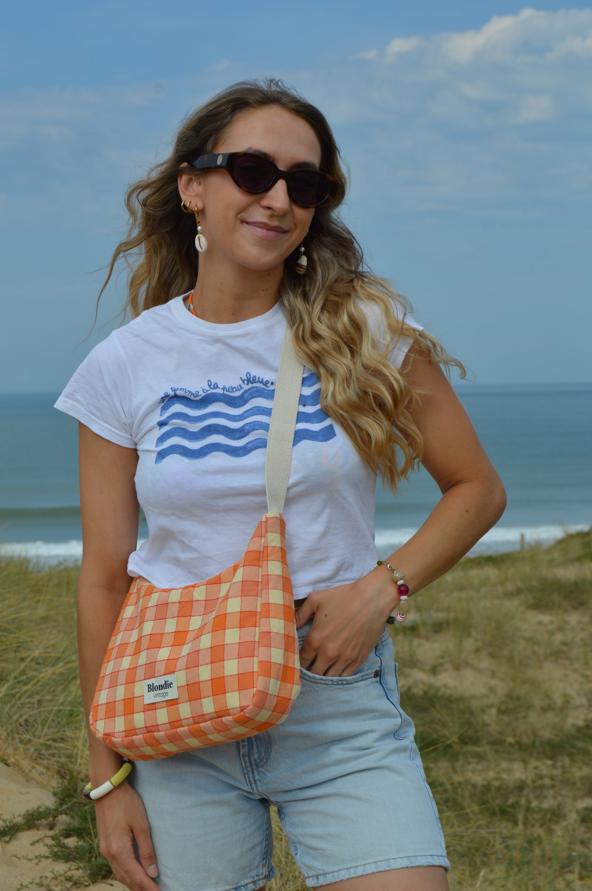 Sac crossbody carreaux orange fabriqué à partir de tissus vintage mode durable mode responsable fabriqué à la main 