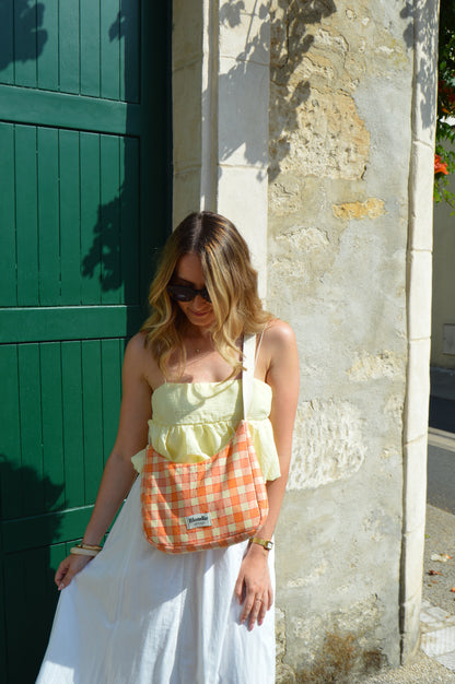 Sac crossbody carreaux orange fabriqué à partir de tissus vintage mode durable mode responsable fabriqué à la main 