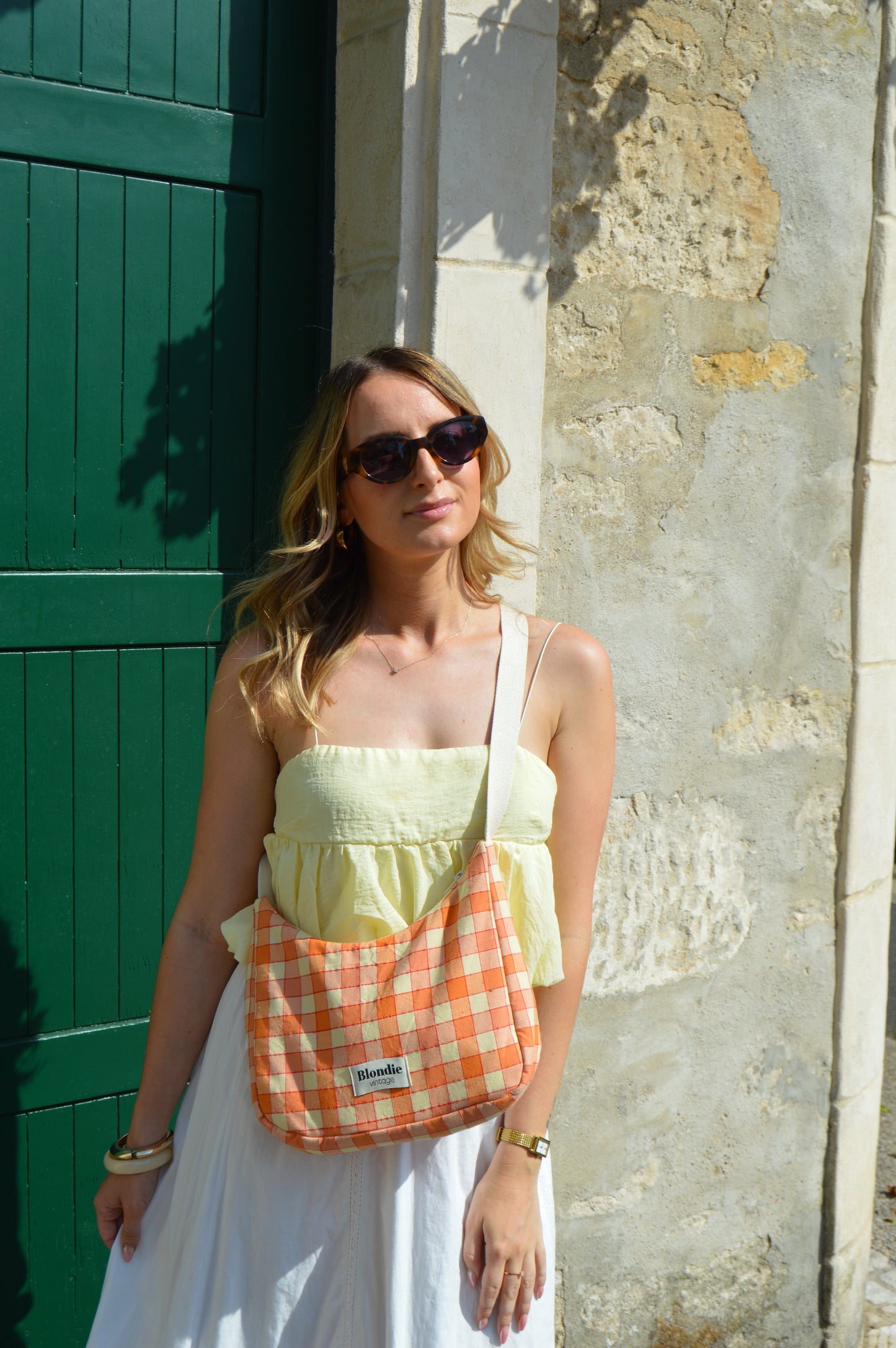 Sac crossbody carreaux orange fabriqué à partir de tissus vintage mode durable mode responsable fabriqué à la main 