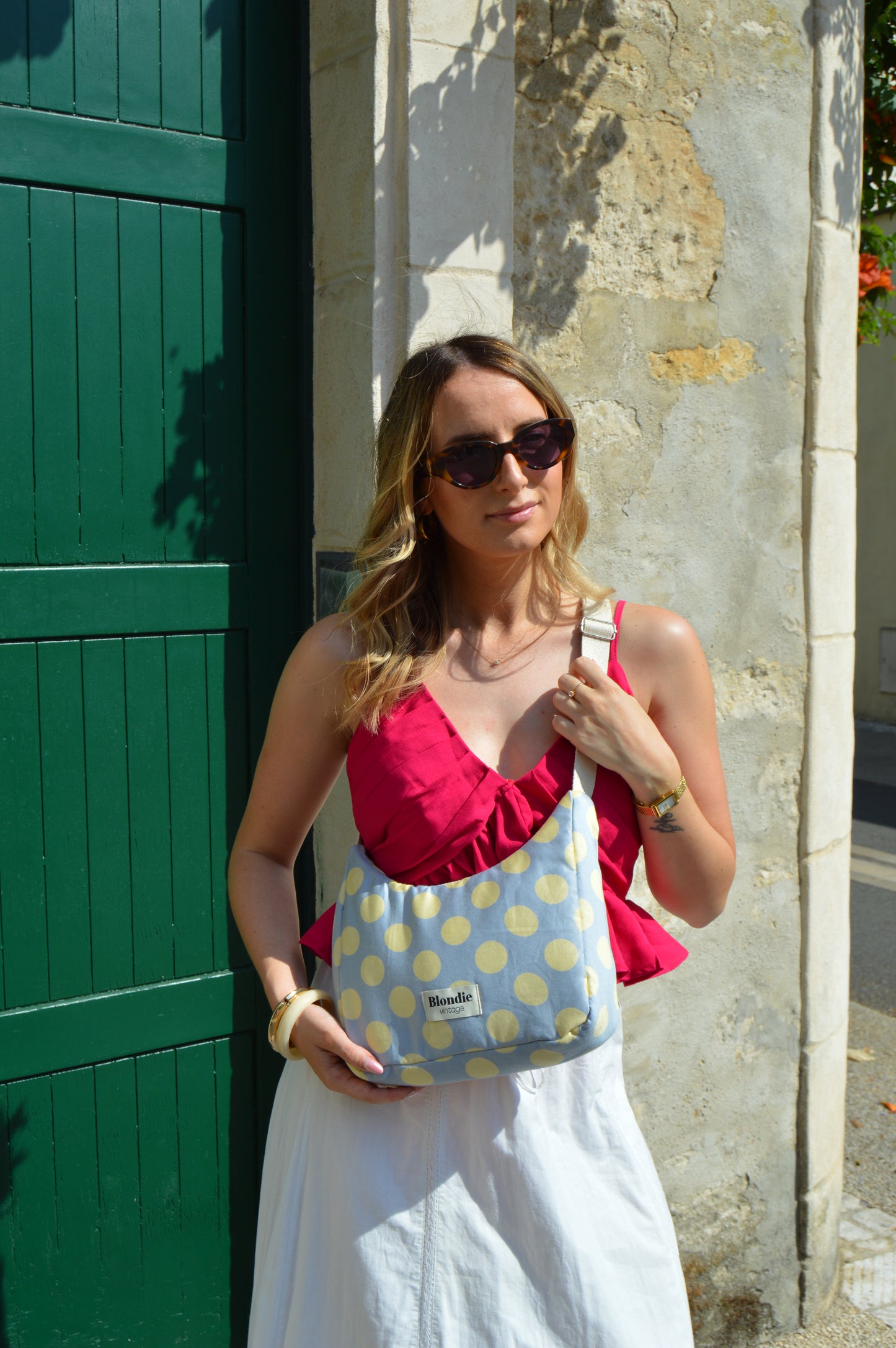 Sac crossbody à pois jaune fabriqué à partir de tissus vintage mode durable mode responsable fabriqué à la main 