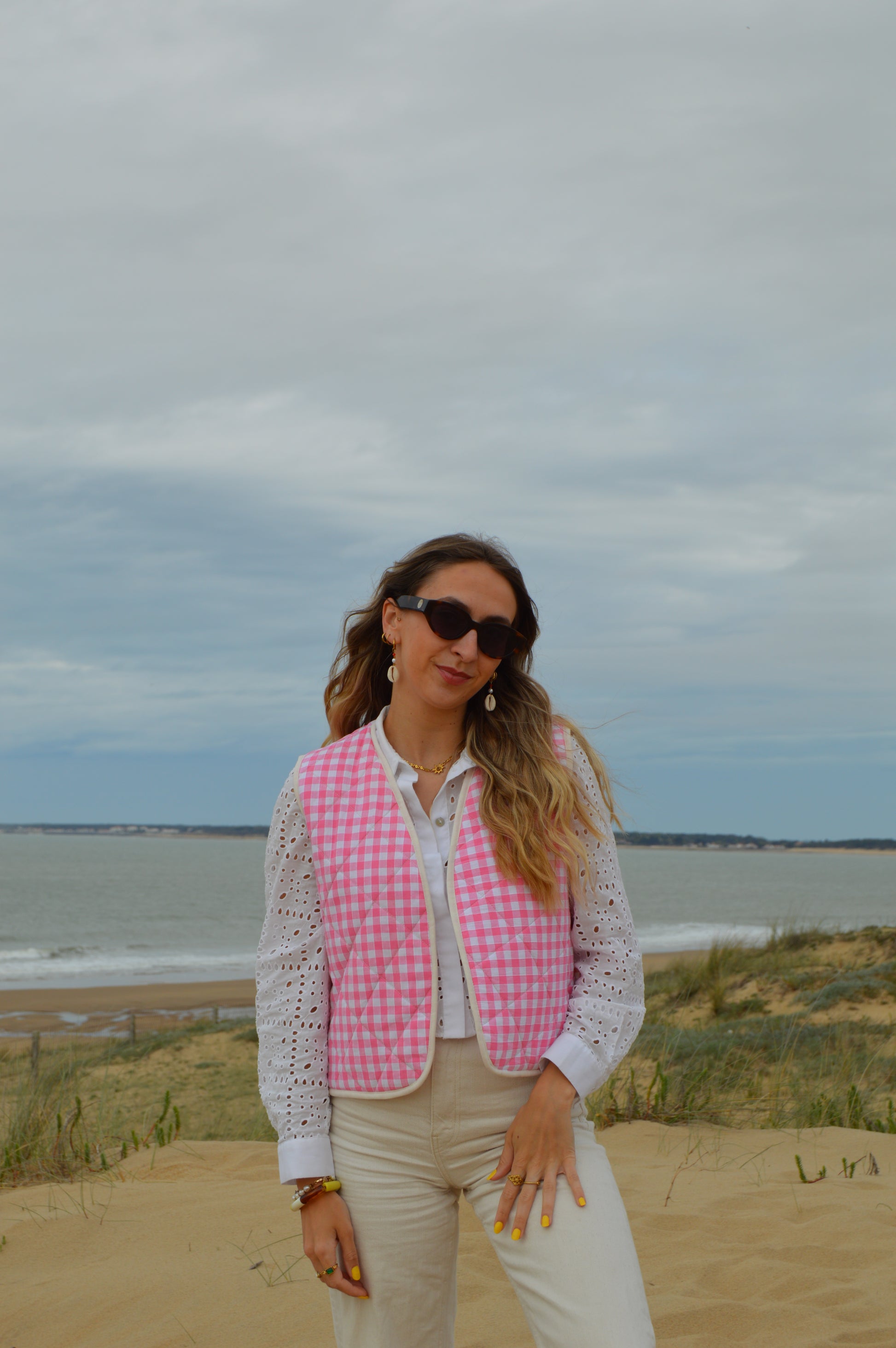 Gilet sans manches upcyclé vichy rose 