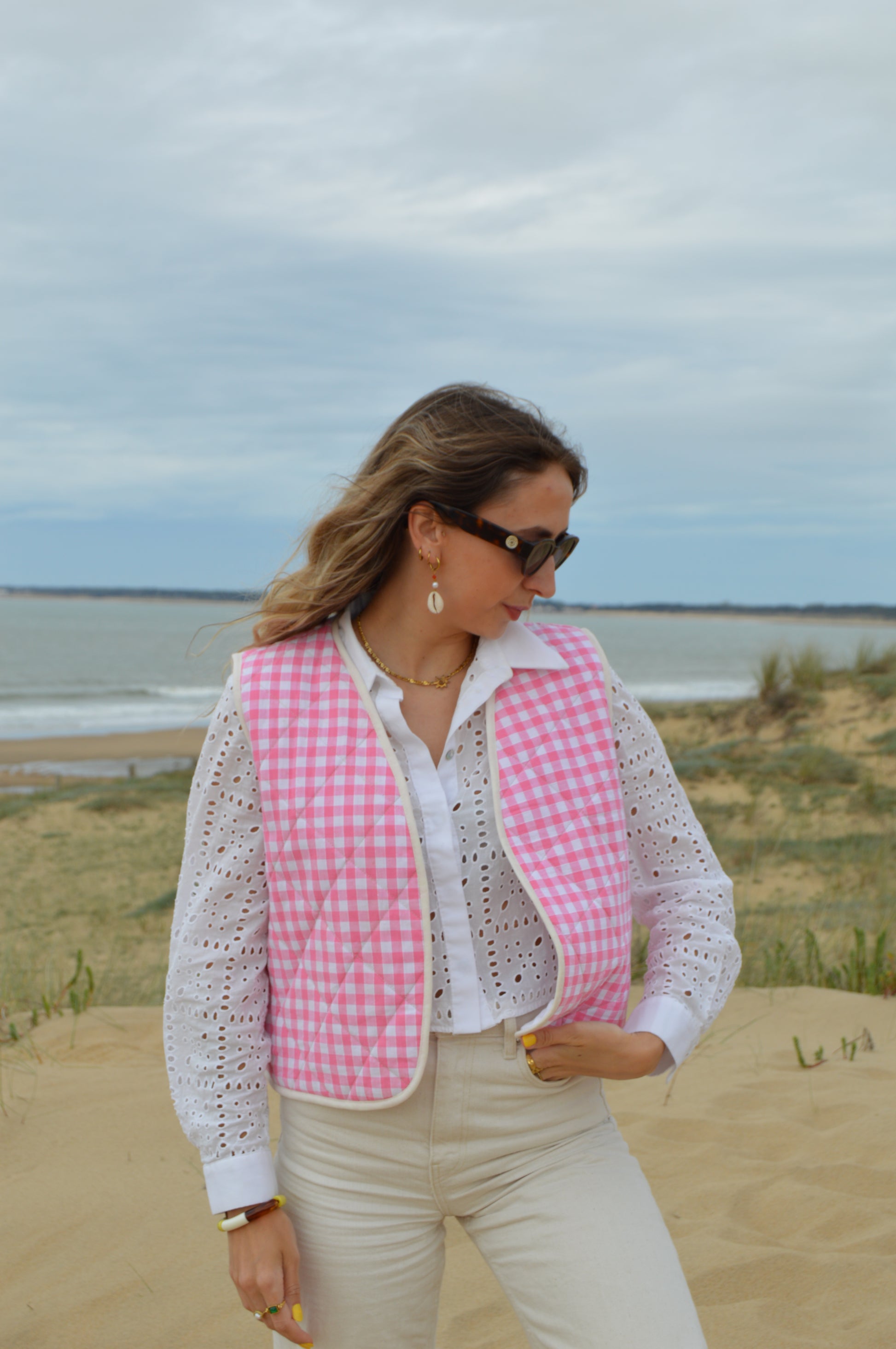 Gilet sans manches upcyclé vichy rose 