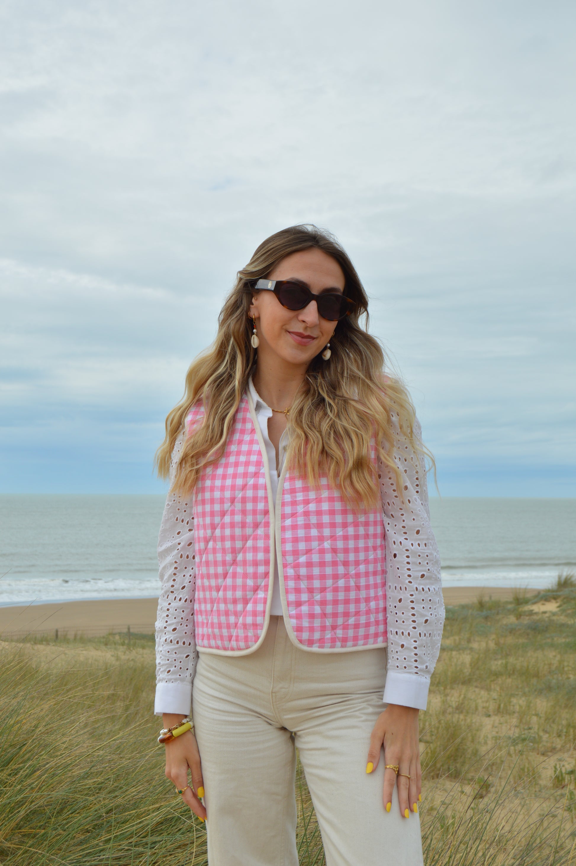 Gilet sans manches upcyclé vichy rose 