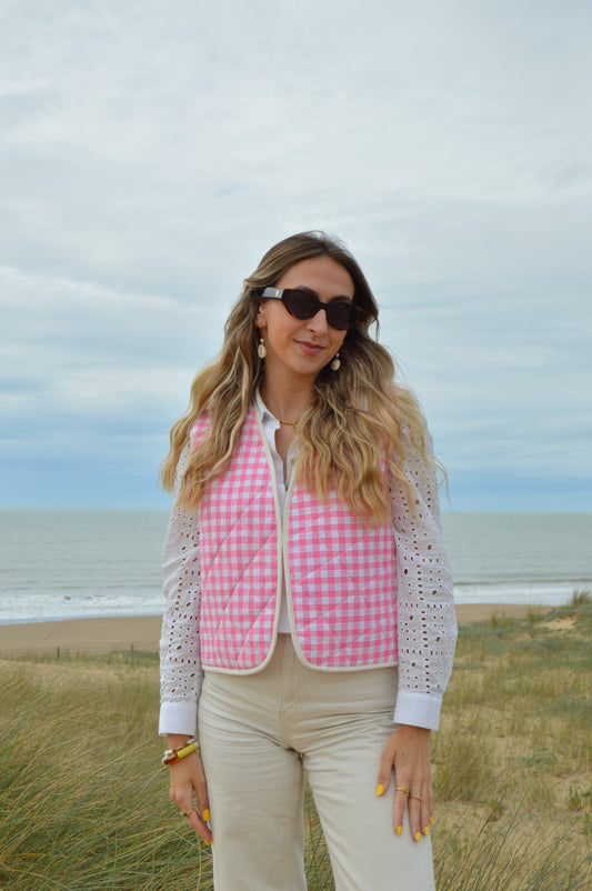Gilet sans manches upcyclé vichy rose 